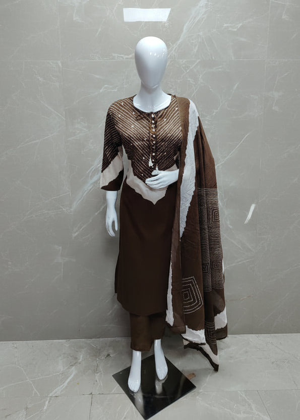 Brown Cotton Hand Embroidery Straight Fit Kurtha