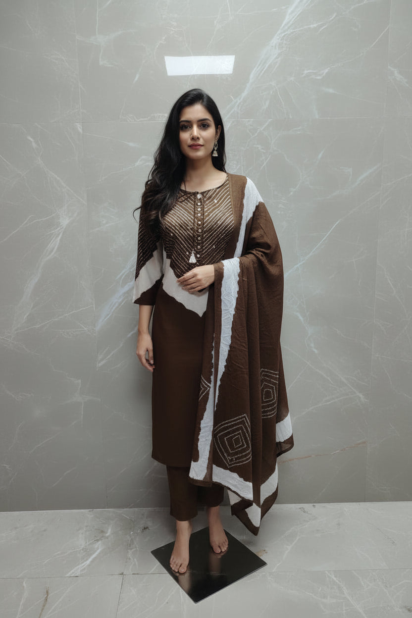 Brown Cotton Hand Embroidery Straight Fit Kurtha