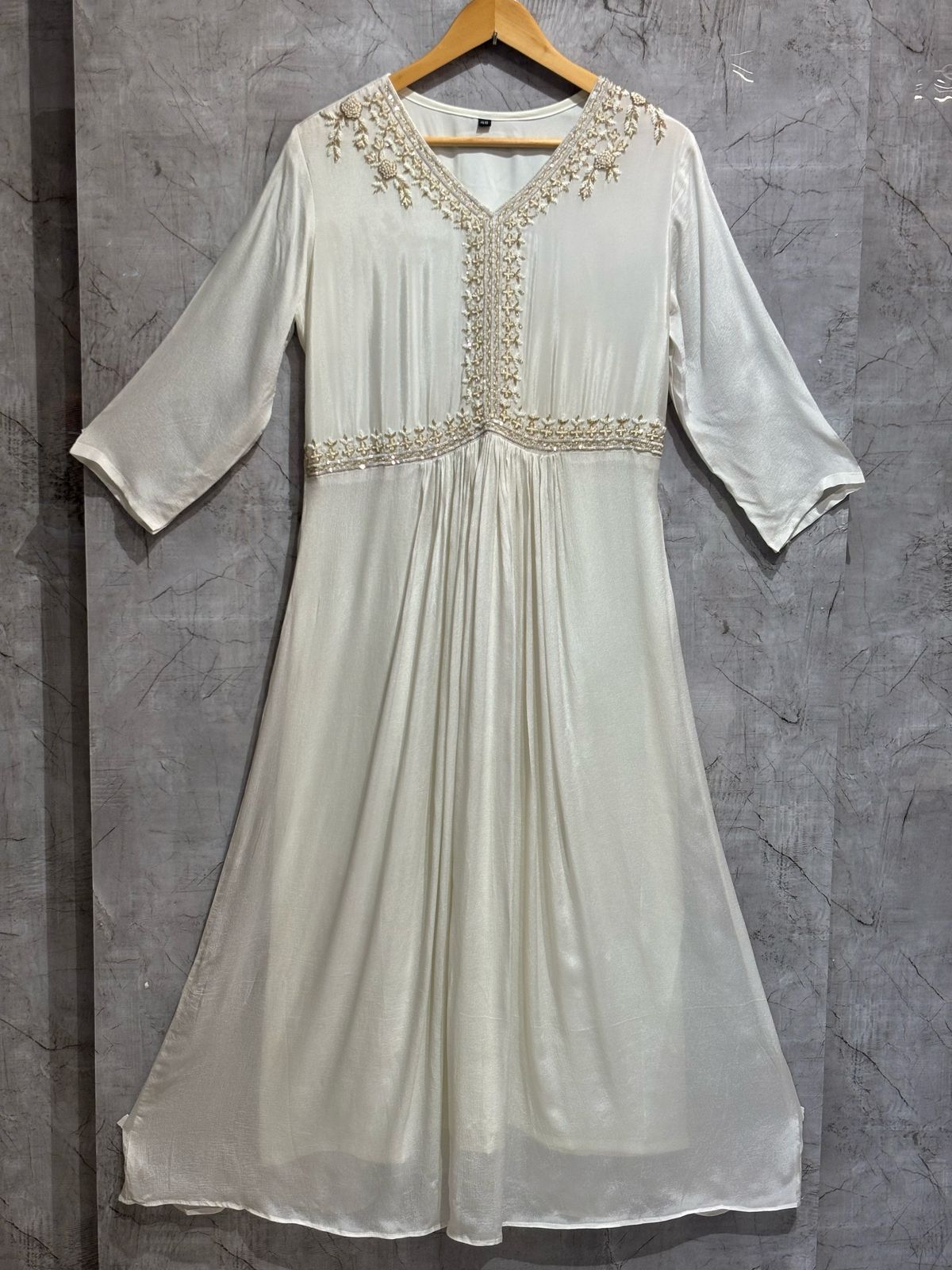 "Pari" White Anarkali Chinnon handwork party ware Kurtha set