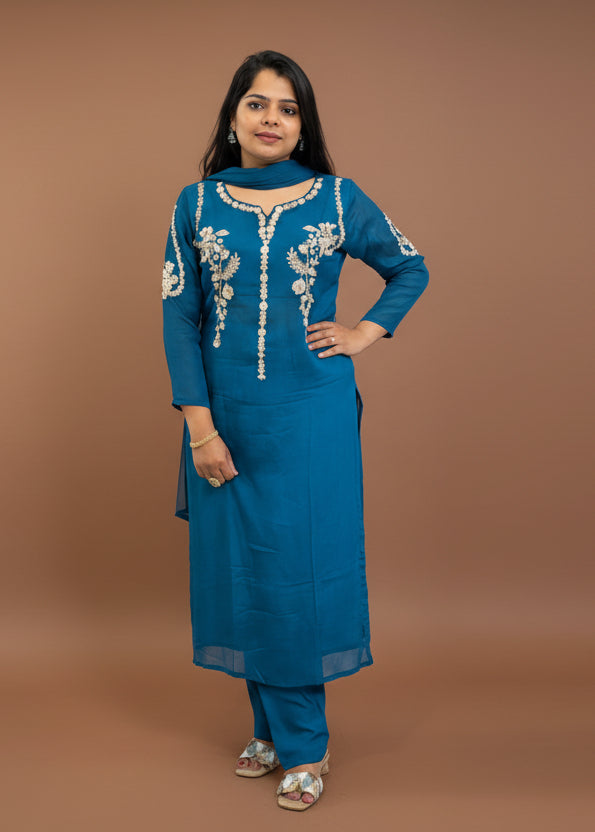 Blue Chinnon Hand Embroidery kurtha 602