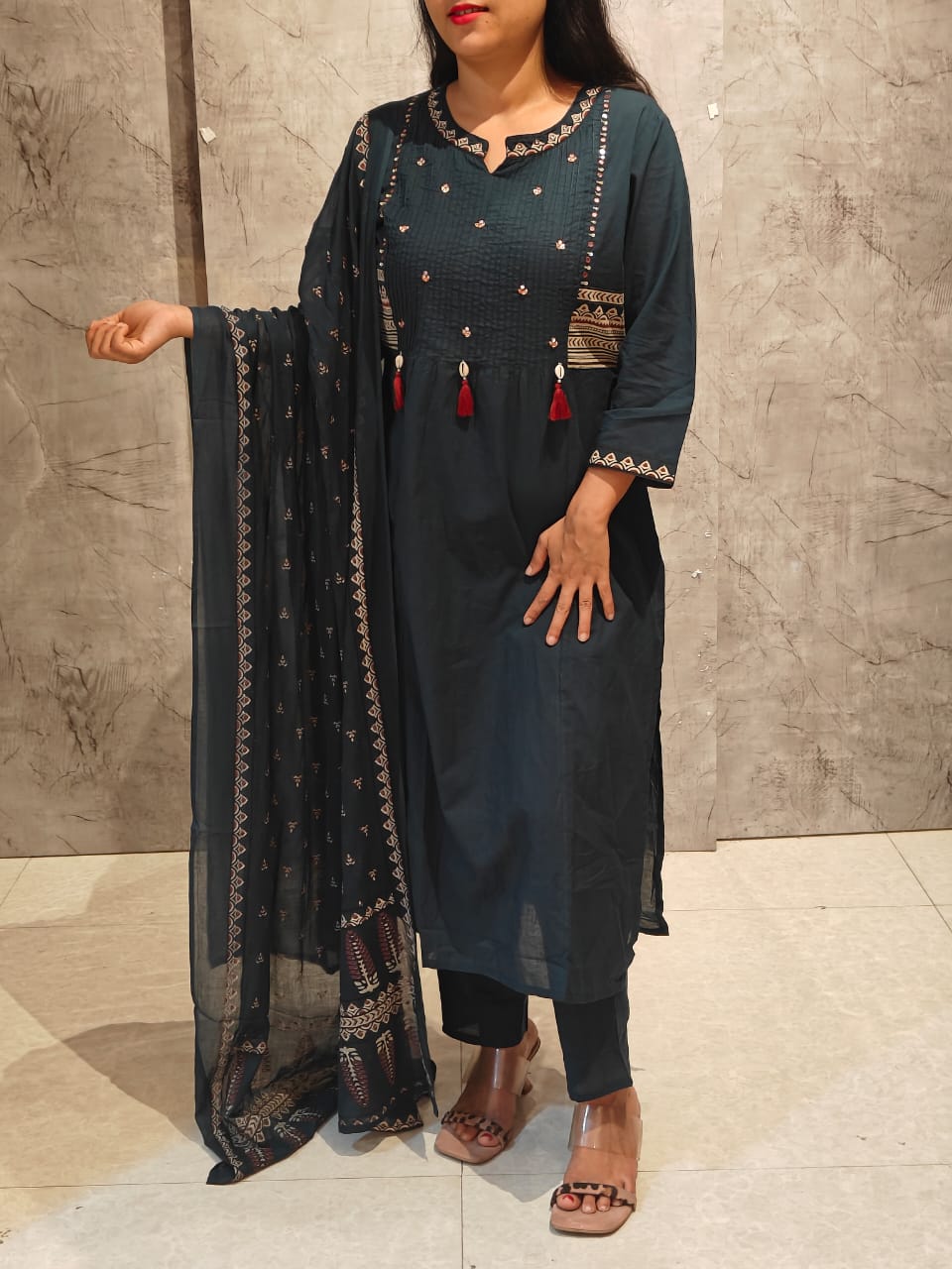 Steal Blue Cotton Embroidery Straight Fit Kurtha 606