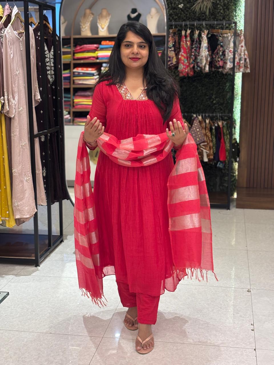 CHERRY RED Mul Chanderi Hand Embroidery Airline Kurtha 324