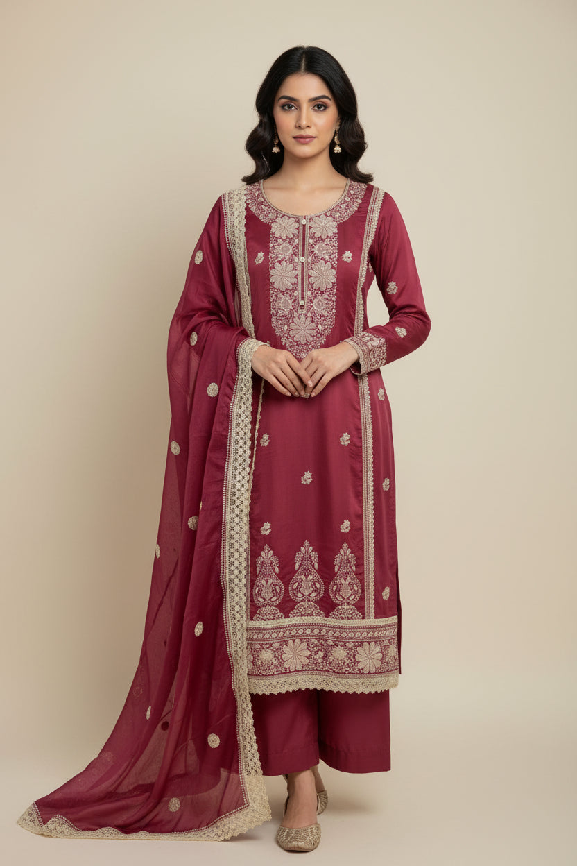 Pink Silk Thread Embroidery Work Straight Fit Kurtha 230