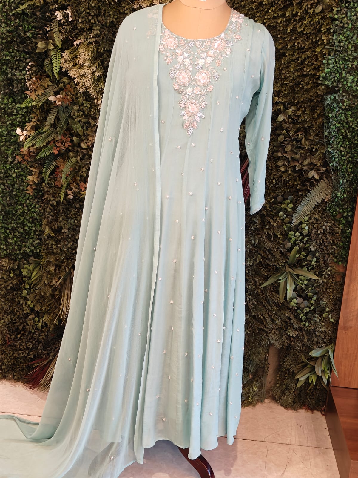 Blue Anarkali chinnon handwork party ware Kurtha 567