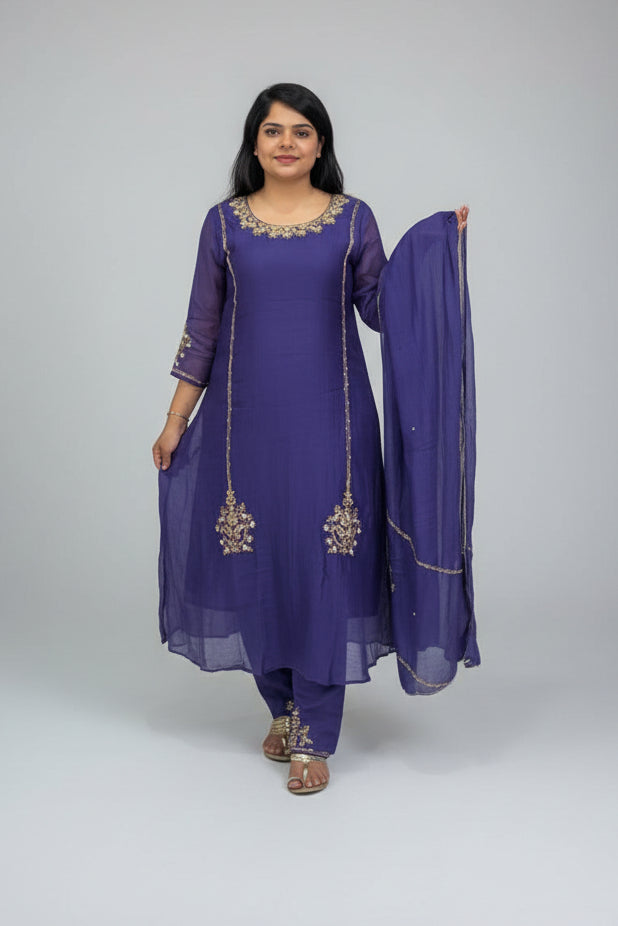 Purple Mul Chanderi Hand Embroidery A Line Kurtha 686