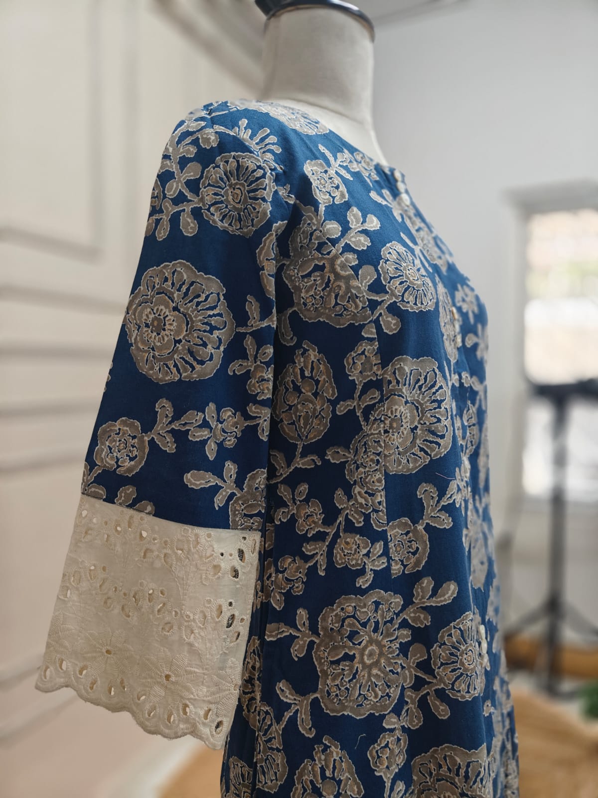 Blue Lenin Cotton Thread Embroidery Airline 1 pc Kurtha 372