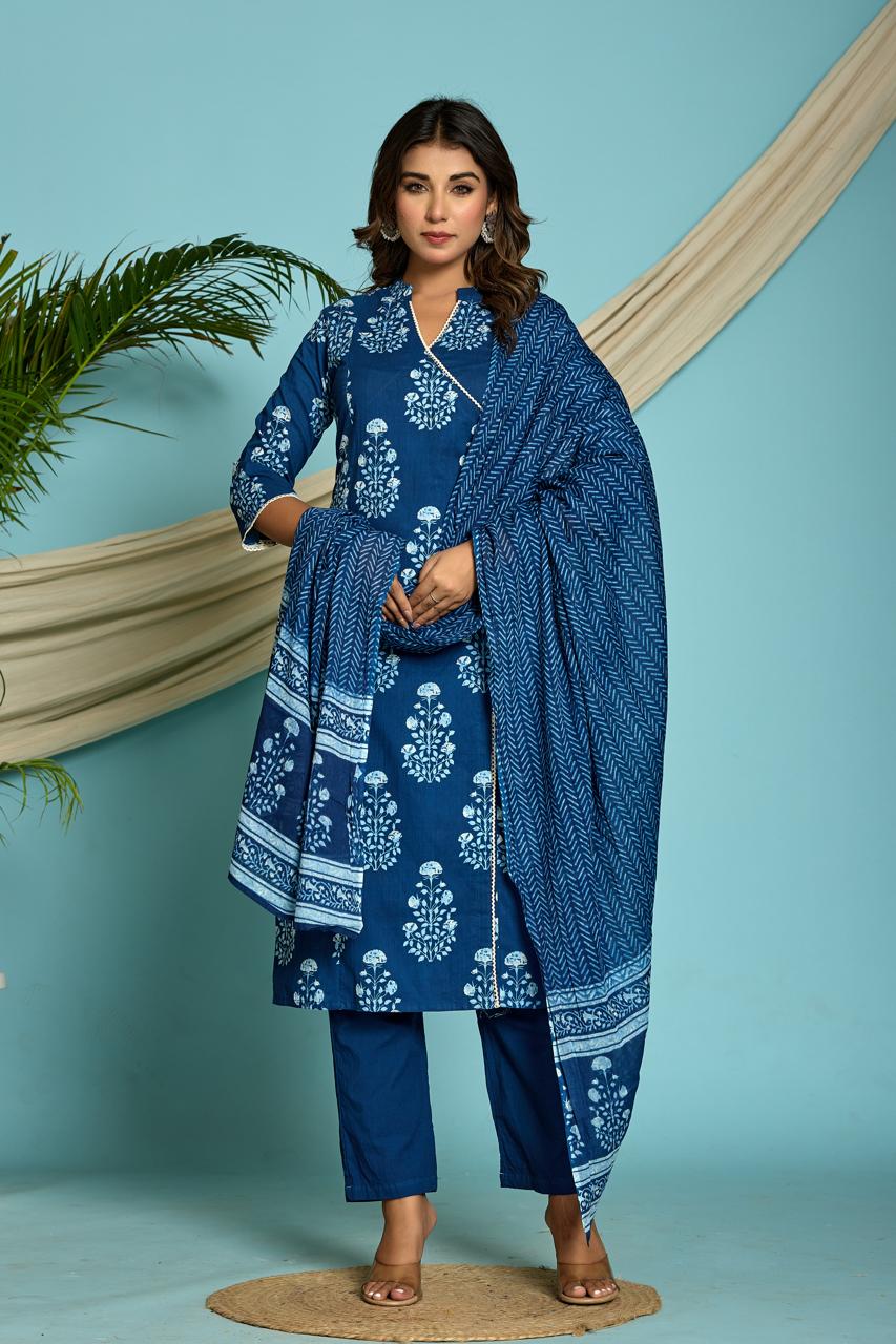 Blue Cotton Block Print Anarkali  Kurtha
