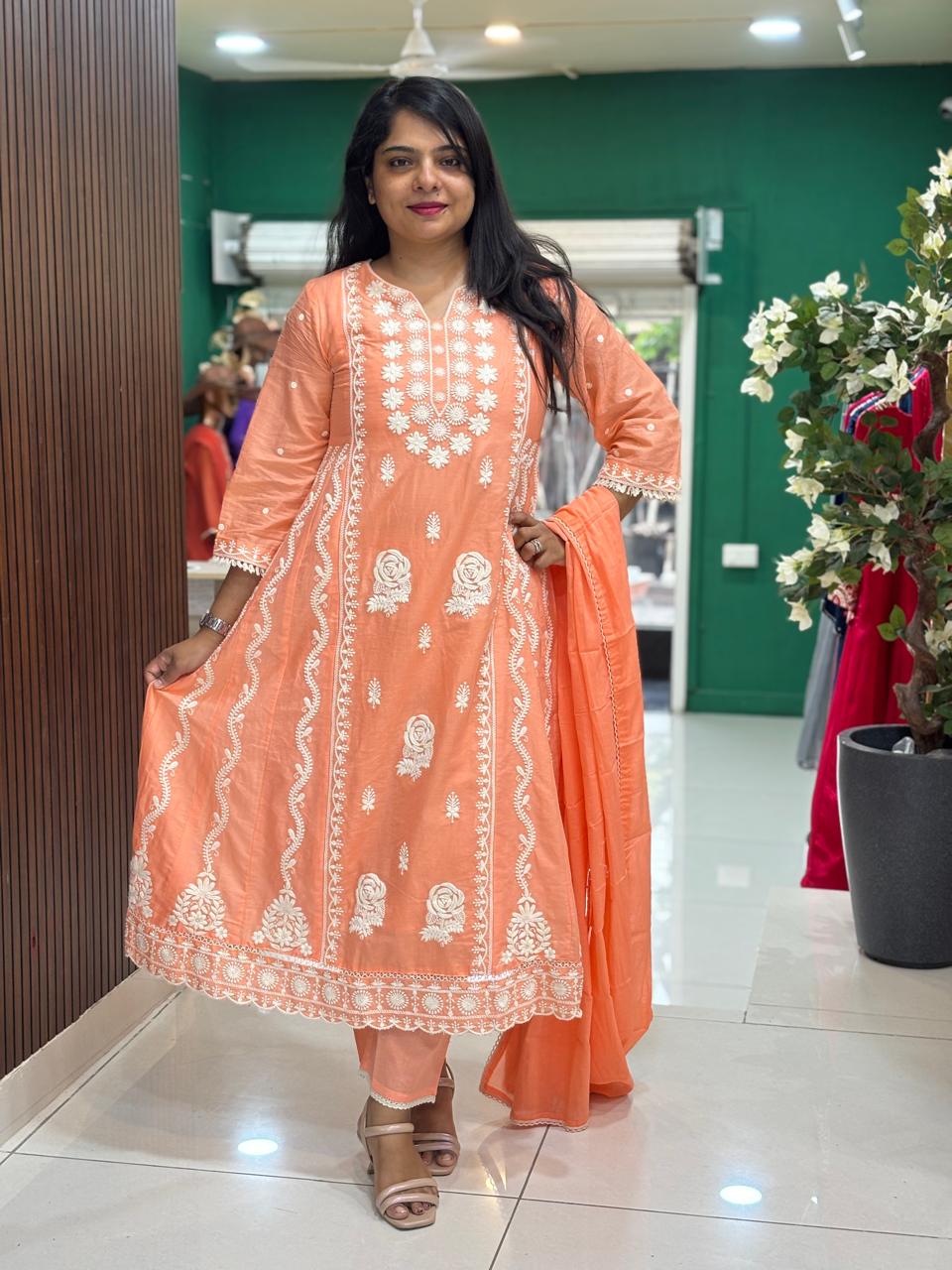 Orange Mul Cotton Chikankari Work Straight Fit Kurtha 459