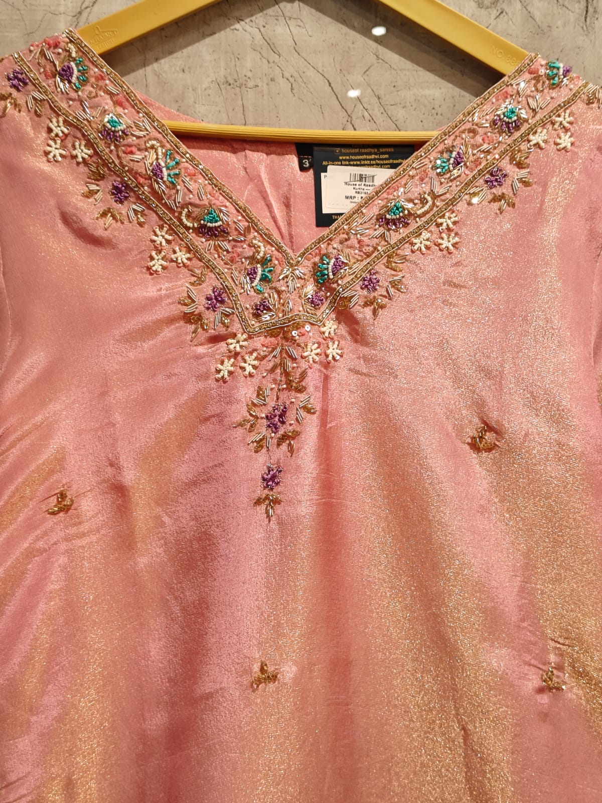 "Chandini" Baby Pink shimmer Kurtha set with hand embroidery, organza dupatta