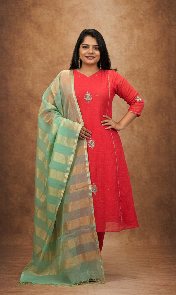 “Pani" Red Mul Chanderi Silk Kurtha 101 With Handwork Embroidery