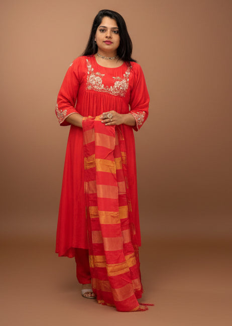 Red Mul Chanderi Hand Embroidery Airline Kurtha 36