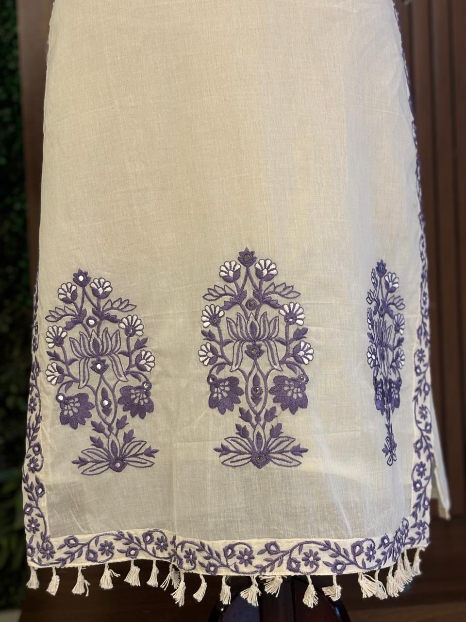 White Cotton Thread Embroidery Work Straight Fit Kurtha 482