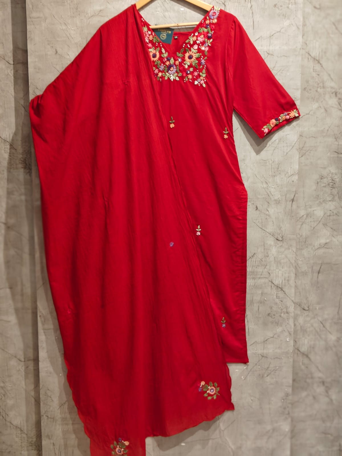 Red Cotton Hand Embroidery Straight Fit Kurtha 212