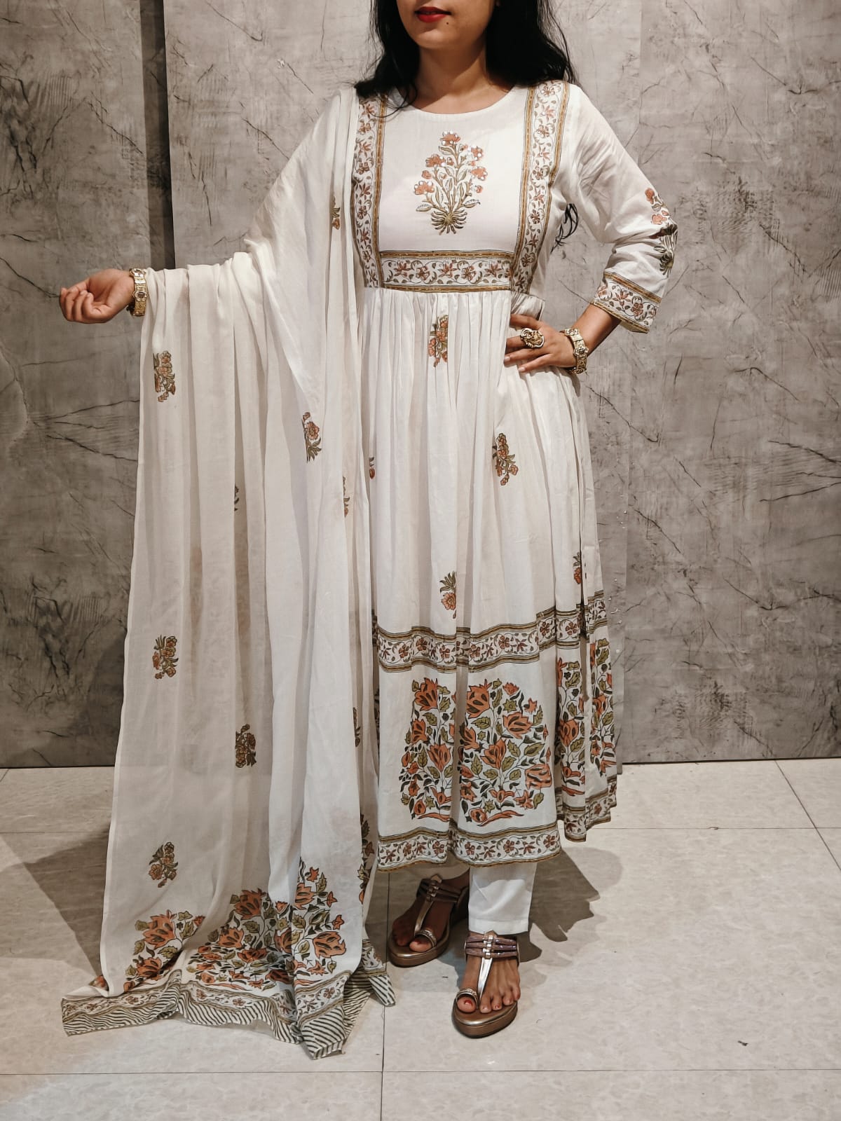 White Mul Cotton Block Print Anarkali Kurtha 98