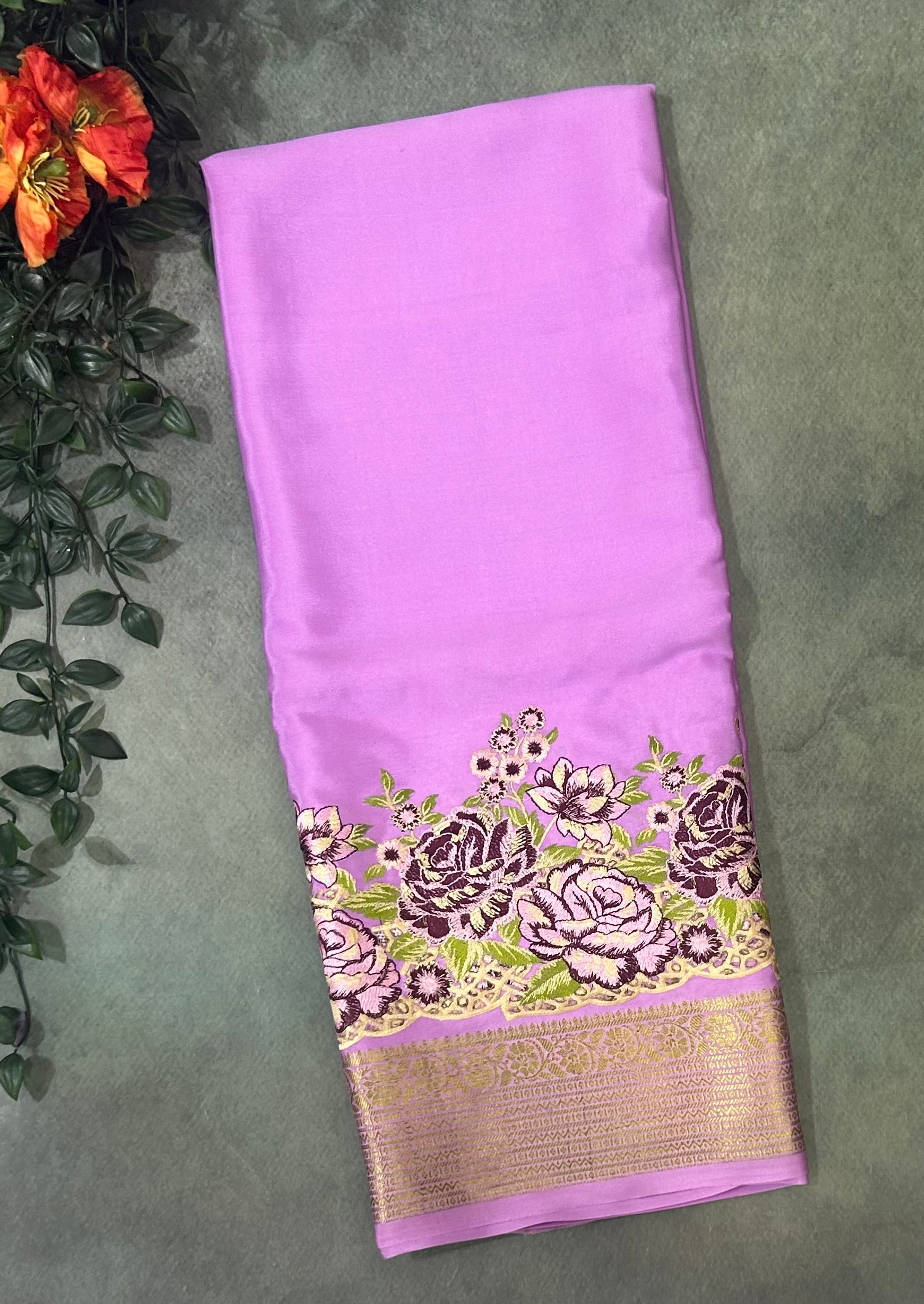 Light purple embroidery pure Mysore crepe silk saree