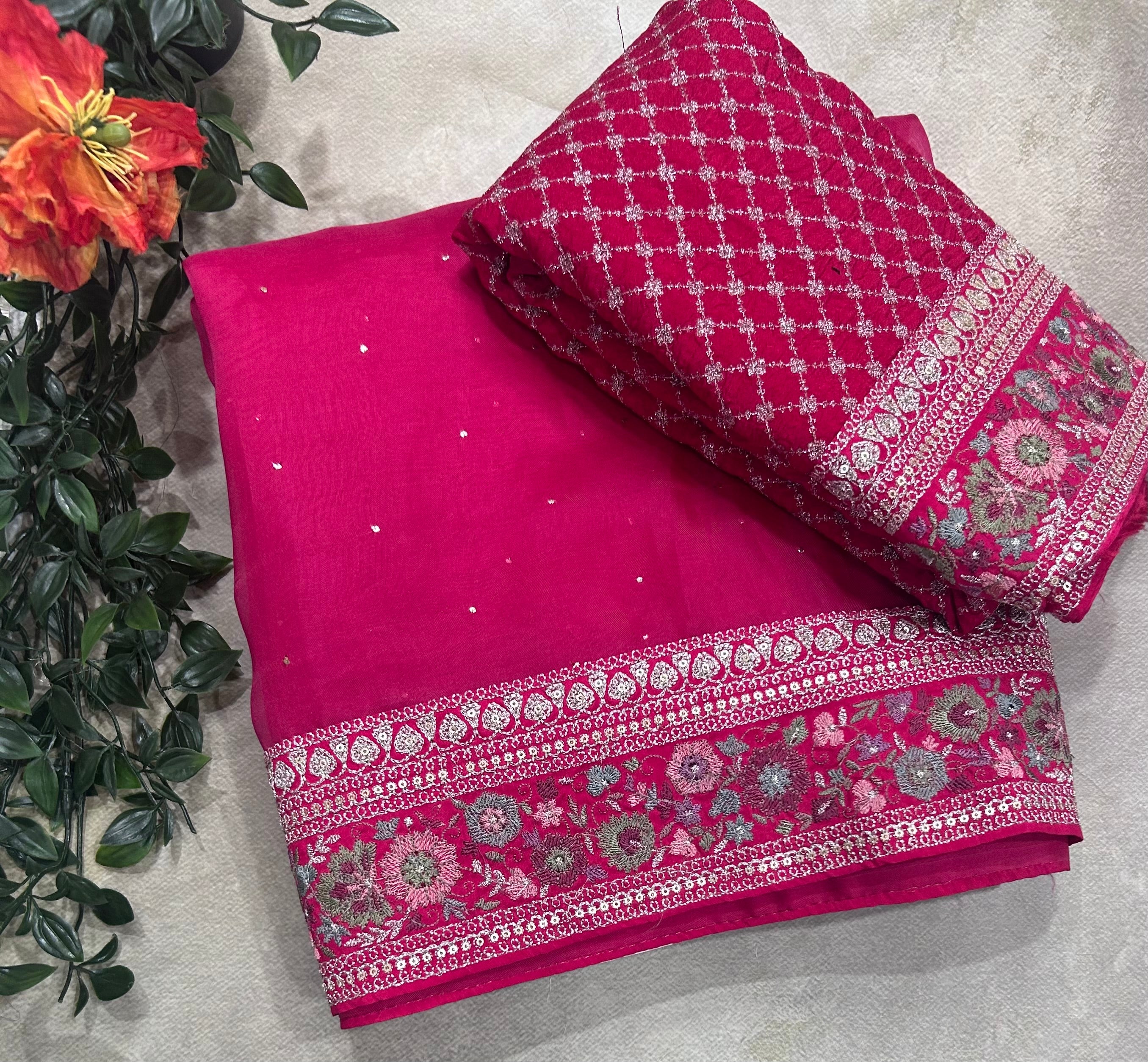 Pink rich border pure organza saree(POS106)