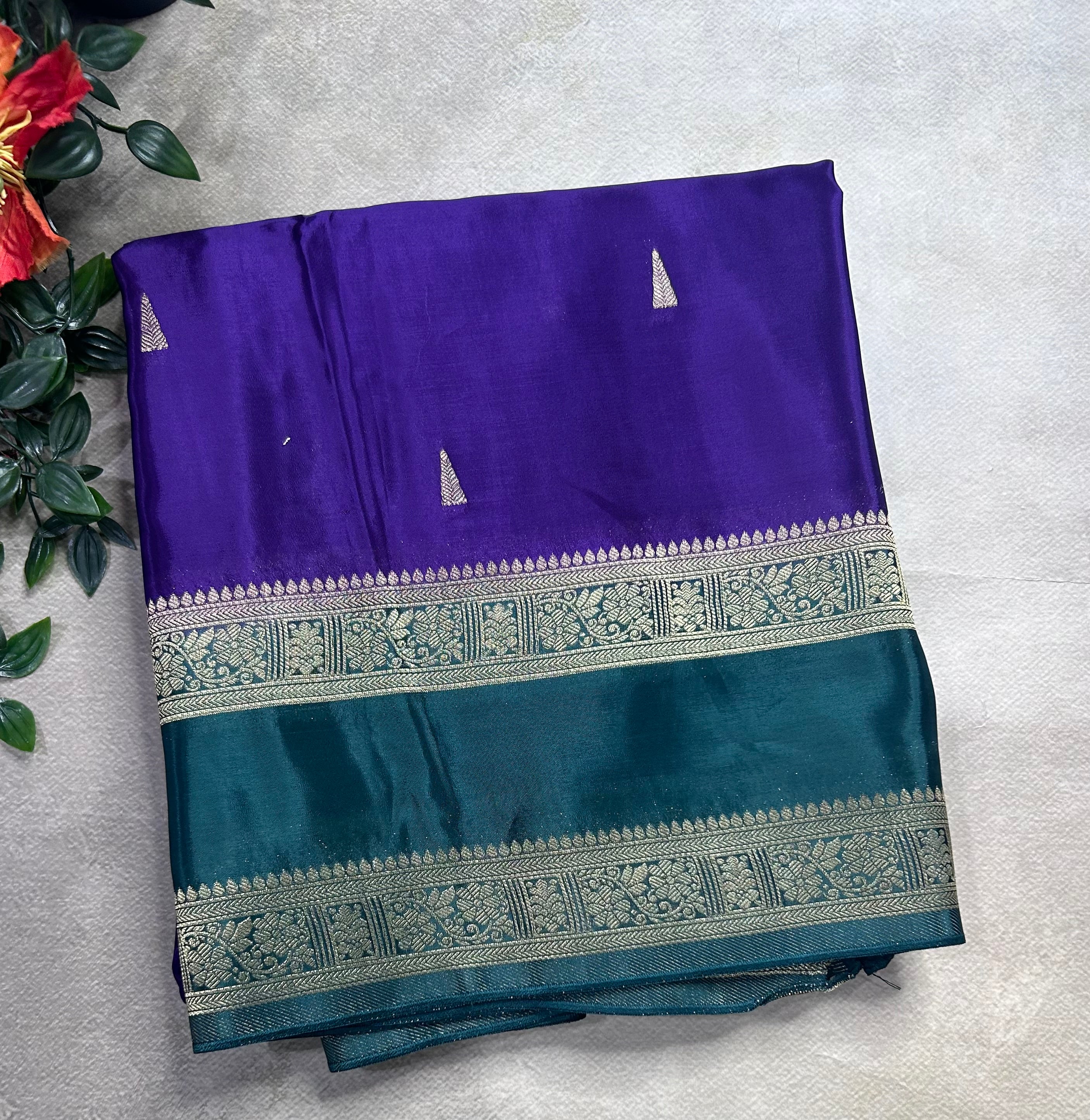 Purple  contrast bentex border semi Mysore crepe 106 saree