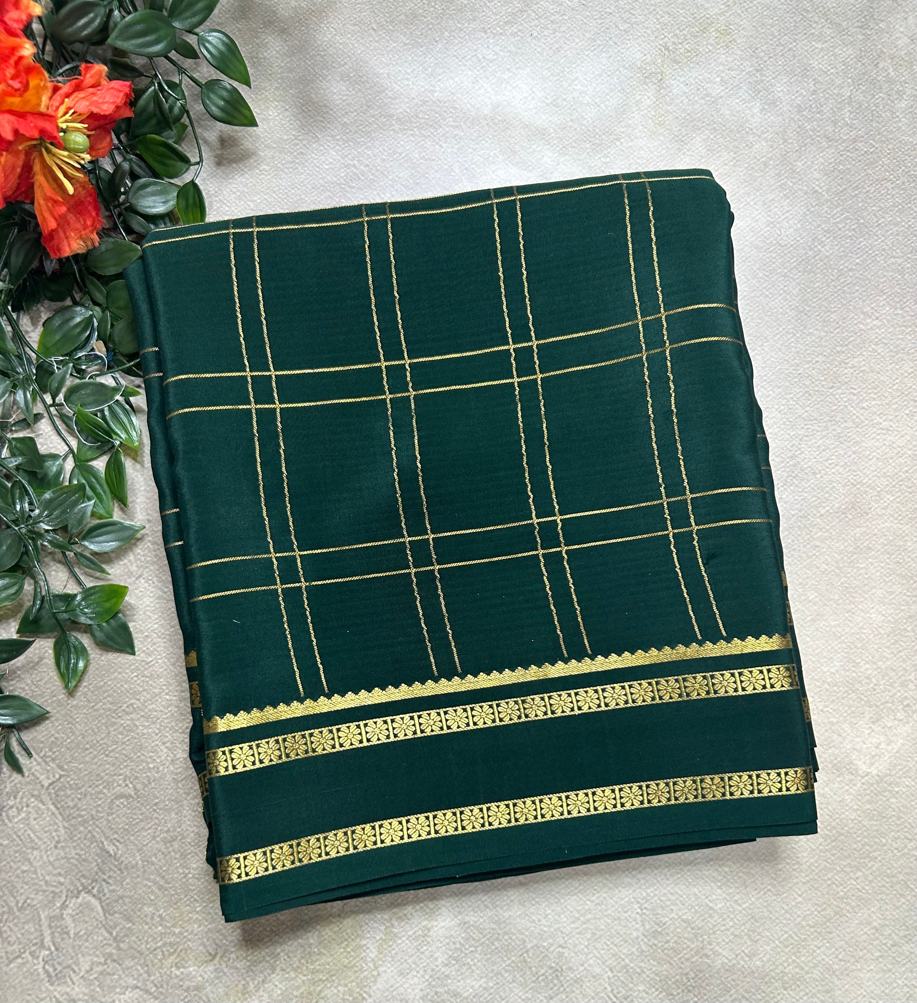 Bottle green big checks n Bentex border pure Mysore silk 106 saree