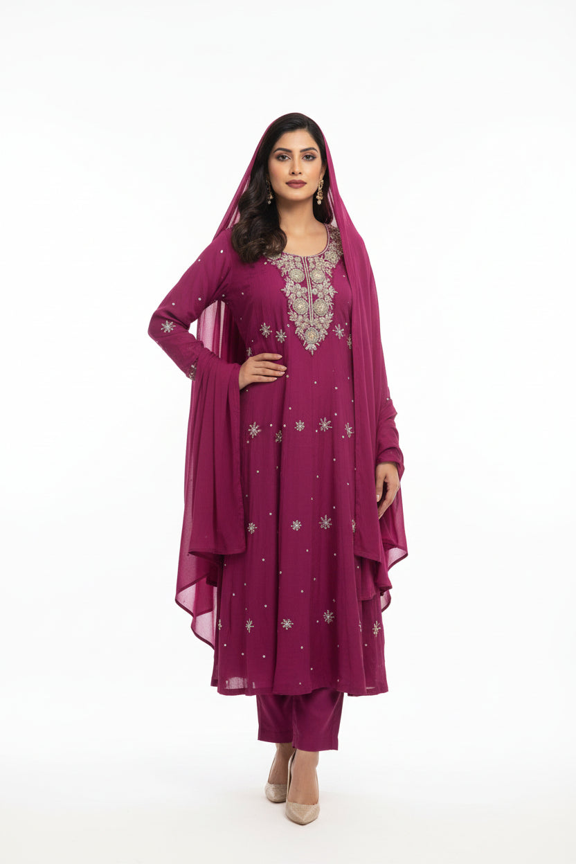 Pink Anarkali Chinnon Hand Embroidery Kurtha 567