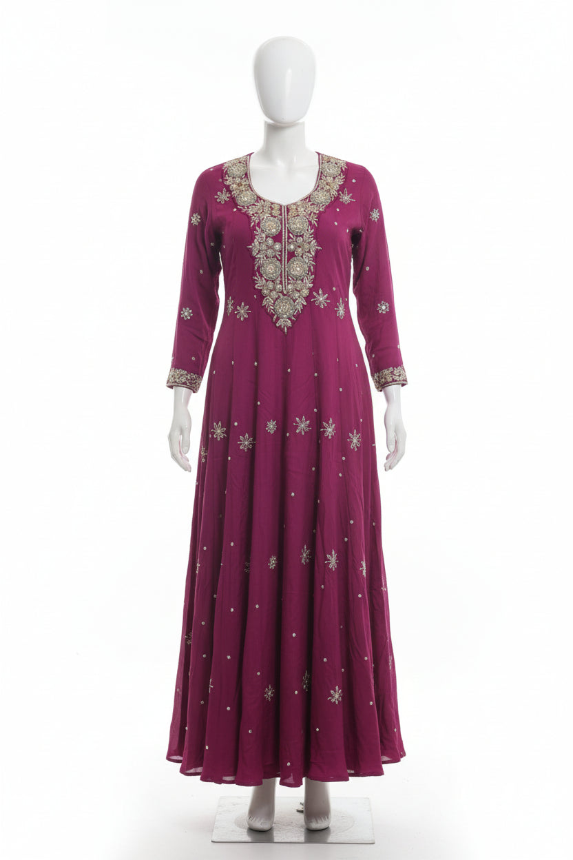 Pink Anarkali Chinnon Hand Embroidery Kurtha 567