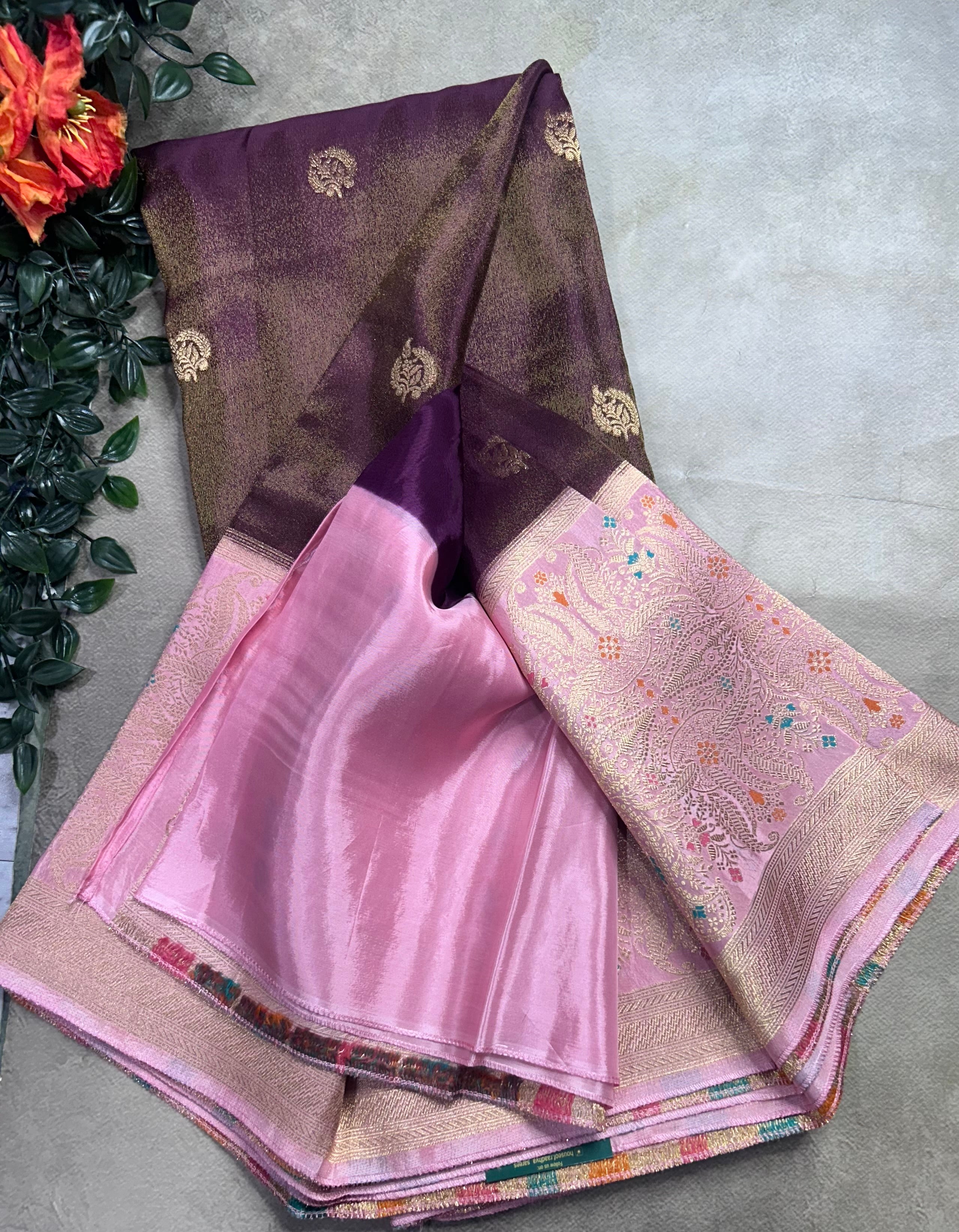 Wine contrast long border soft semi tissue crepe 106 saree
