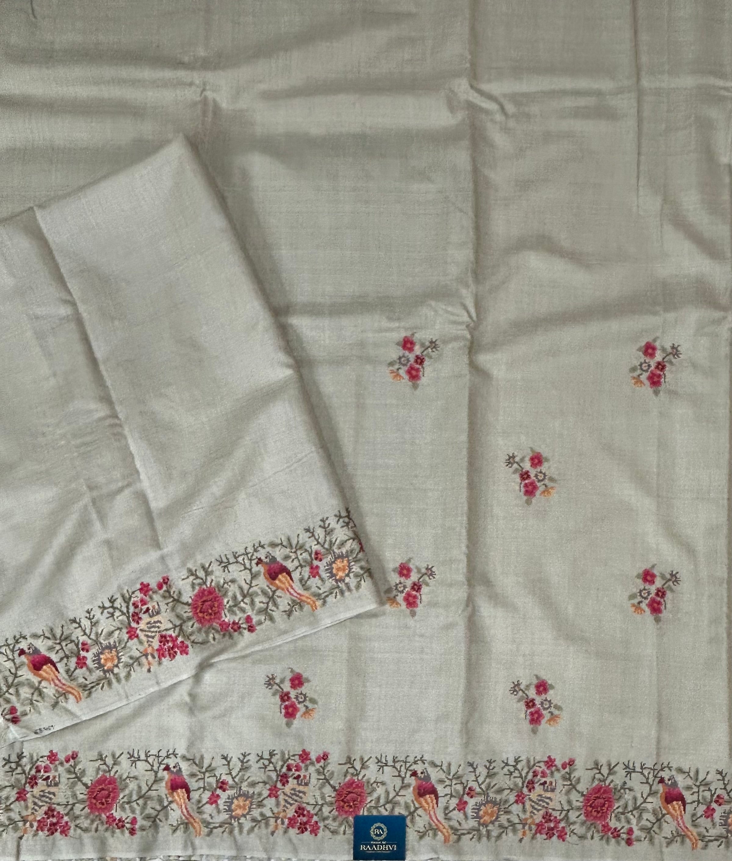 Cream petite point pure handloom  tussar silk-12 saree