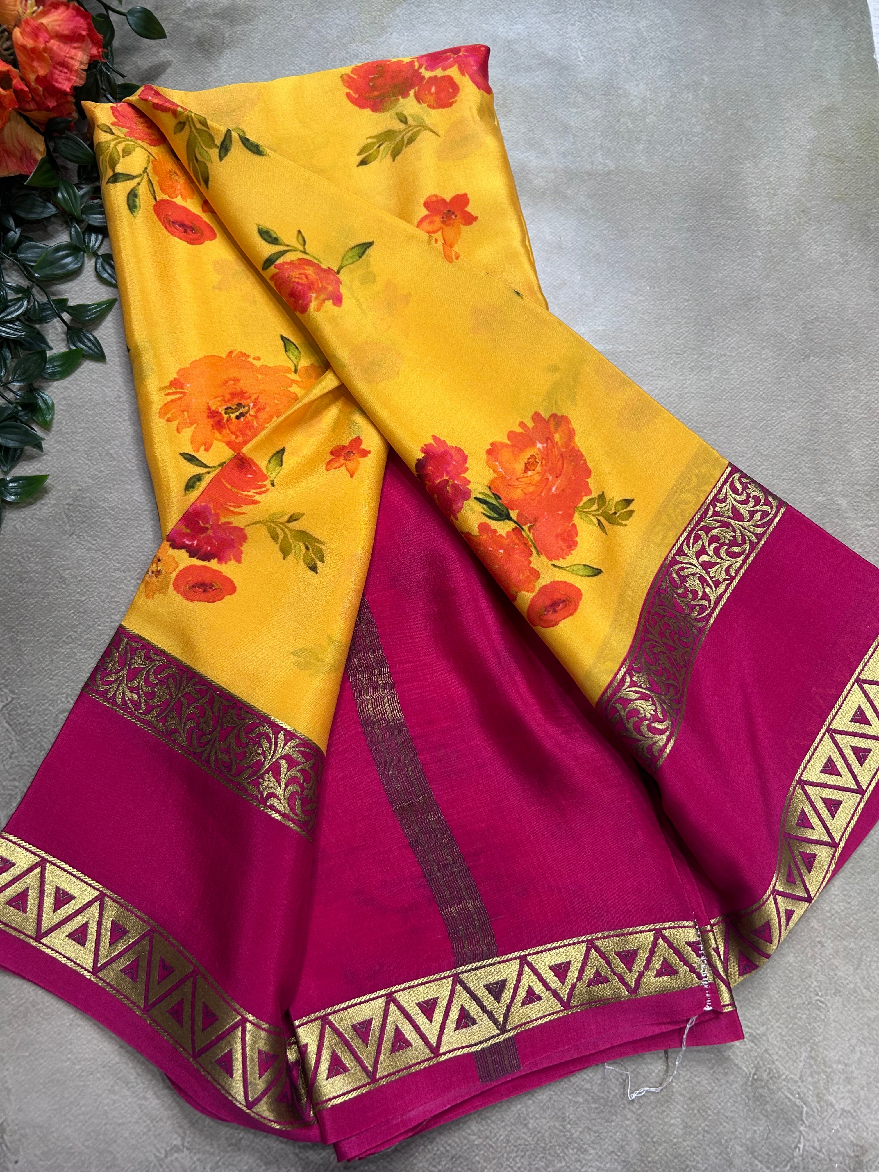 Yellow digital print pure mysore silk saree(DMS106)