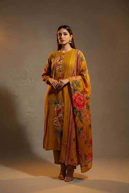 Mustered Yellow Straifgt Fit Mul Cotton Kurtha 63