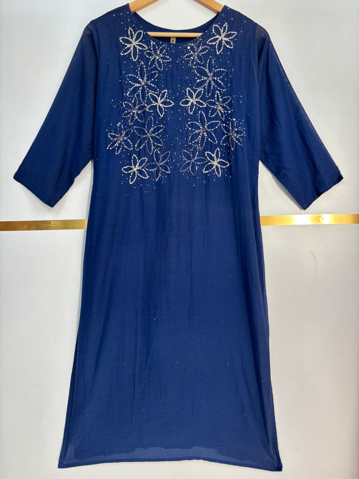 Blue Mul Chanderi Hand Embroidery Work Straight Fit Kurtha 483