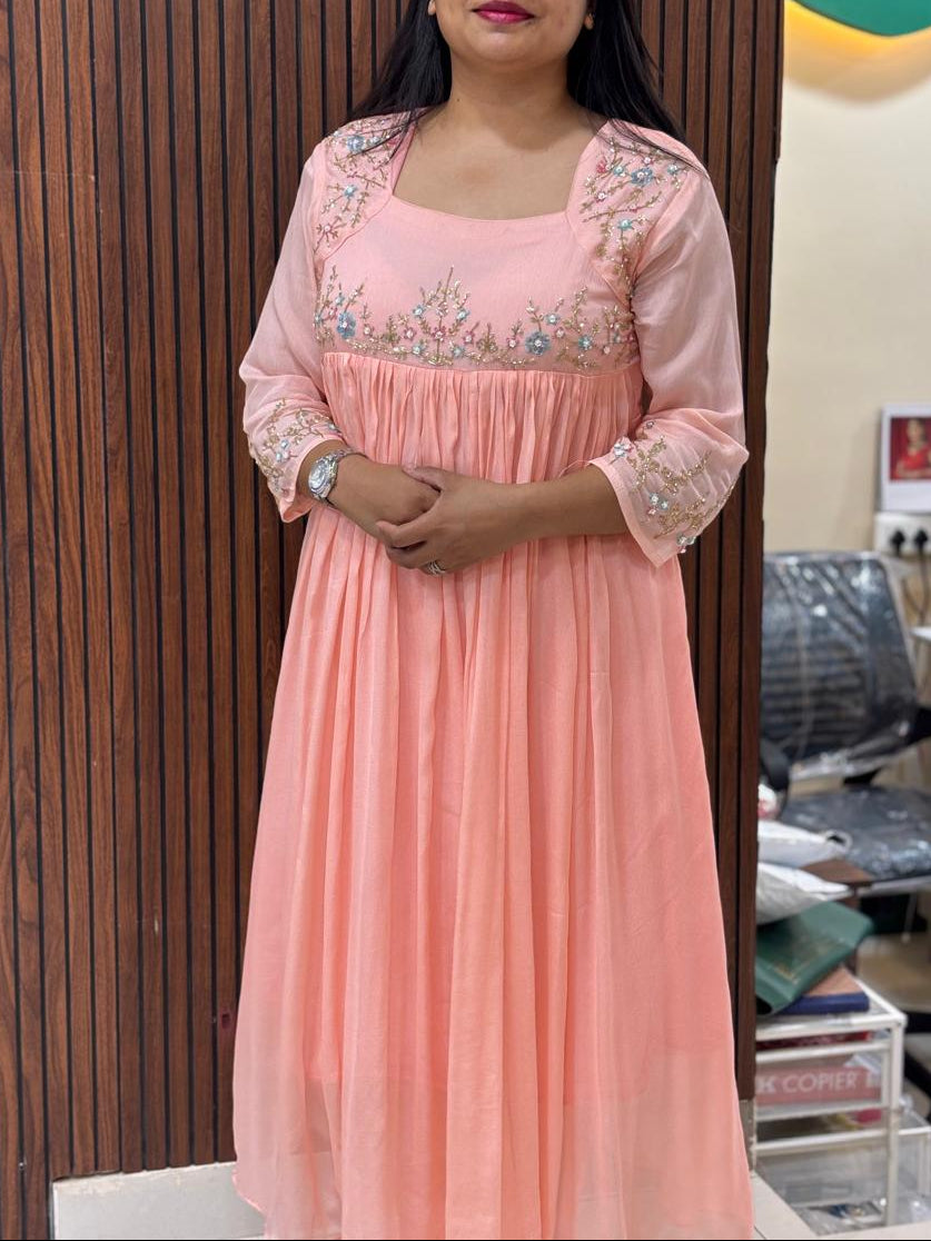 Baby Pink Chinnon Thread Embroidery Airline Cord Set Kurtha