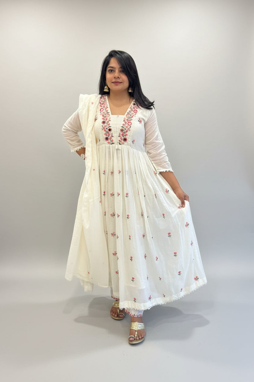 White Cotton Tread Embroidery Airline Kurtha