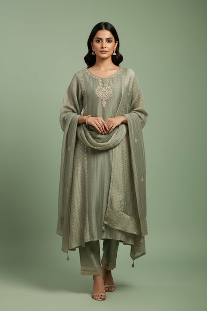 Green Banarasi Crush Tissue Silk A line Kurtha  527