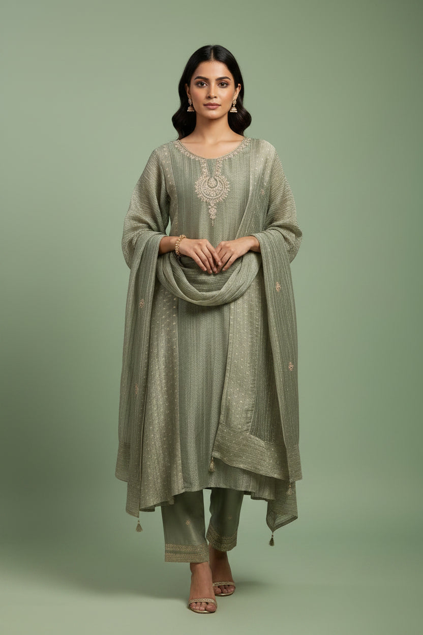 Green Banarasi Crush Tissue Silk A line Kurtha  527