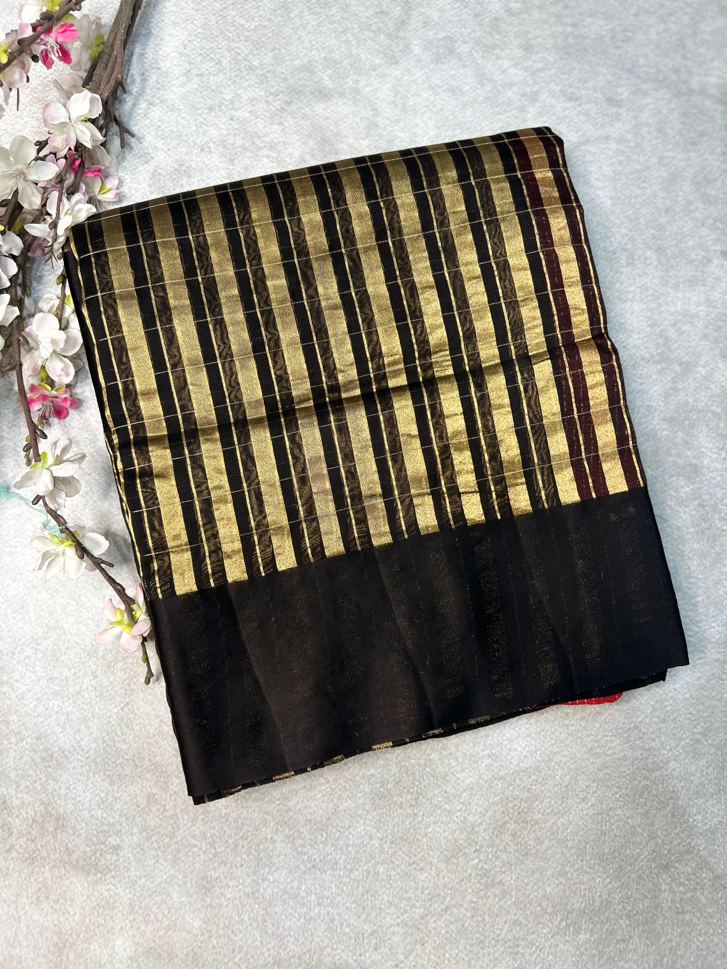 Black pure tissue stirpes satin border saree 101