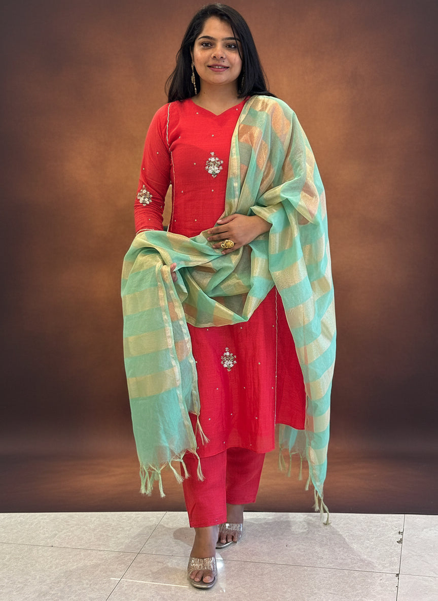 “Pani" Red Mul Chanderi Silk Kurtha 101 With Handwork Embroidery