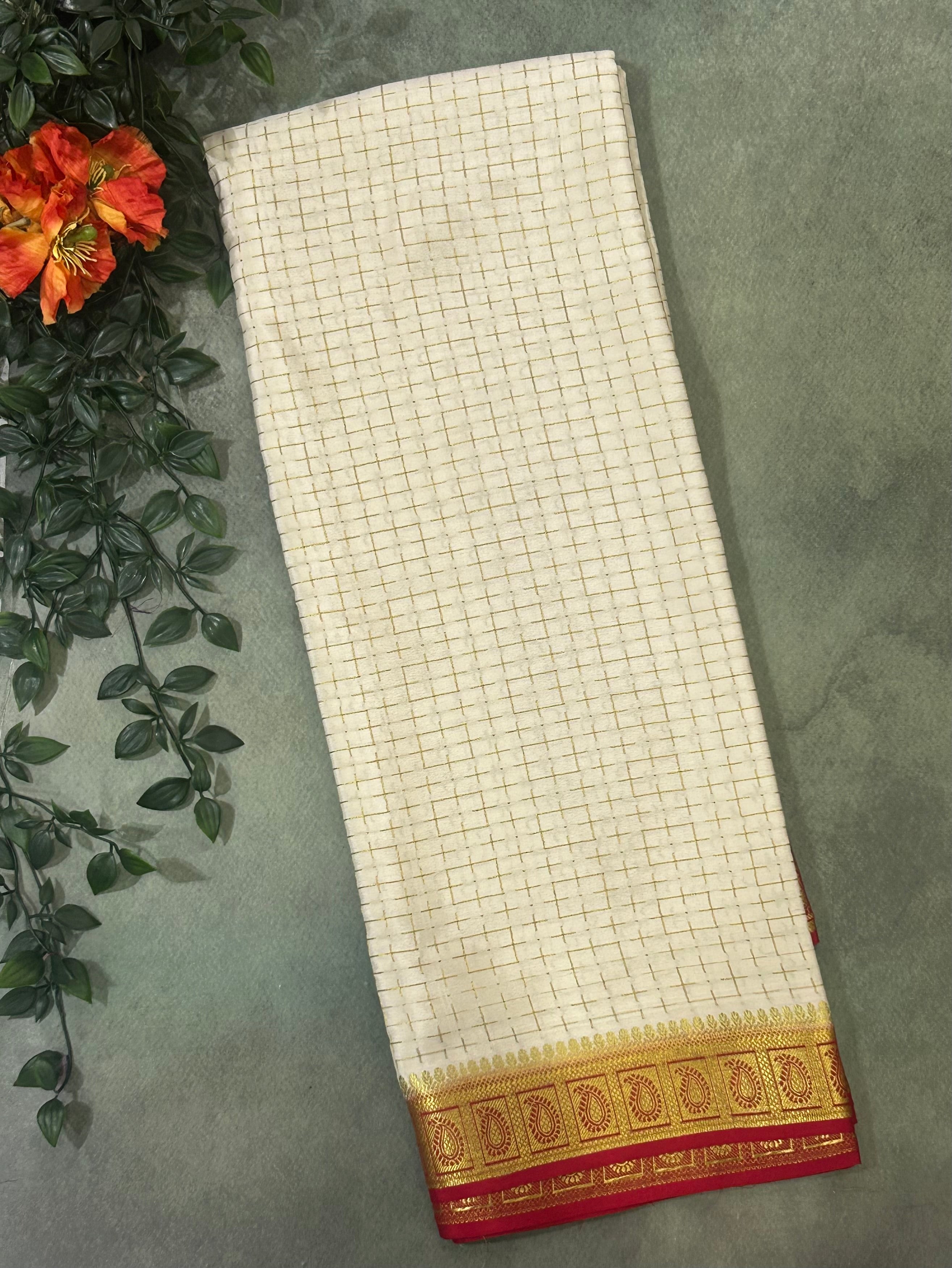 Cream pure Mysore crepe silk saree