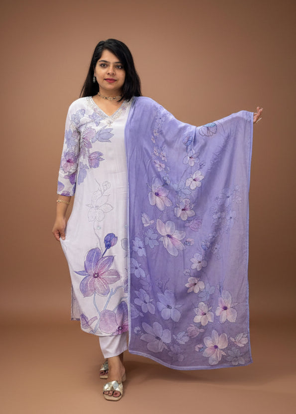 Purple Digital Print Handwork Crepe Kurtha 693