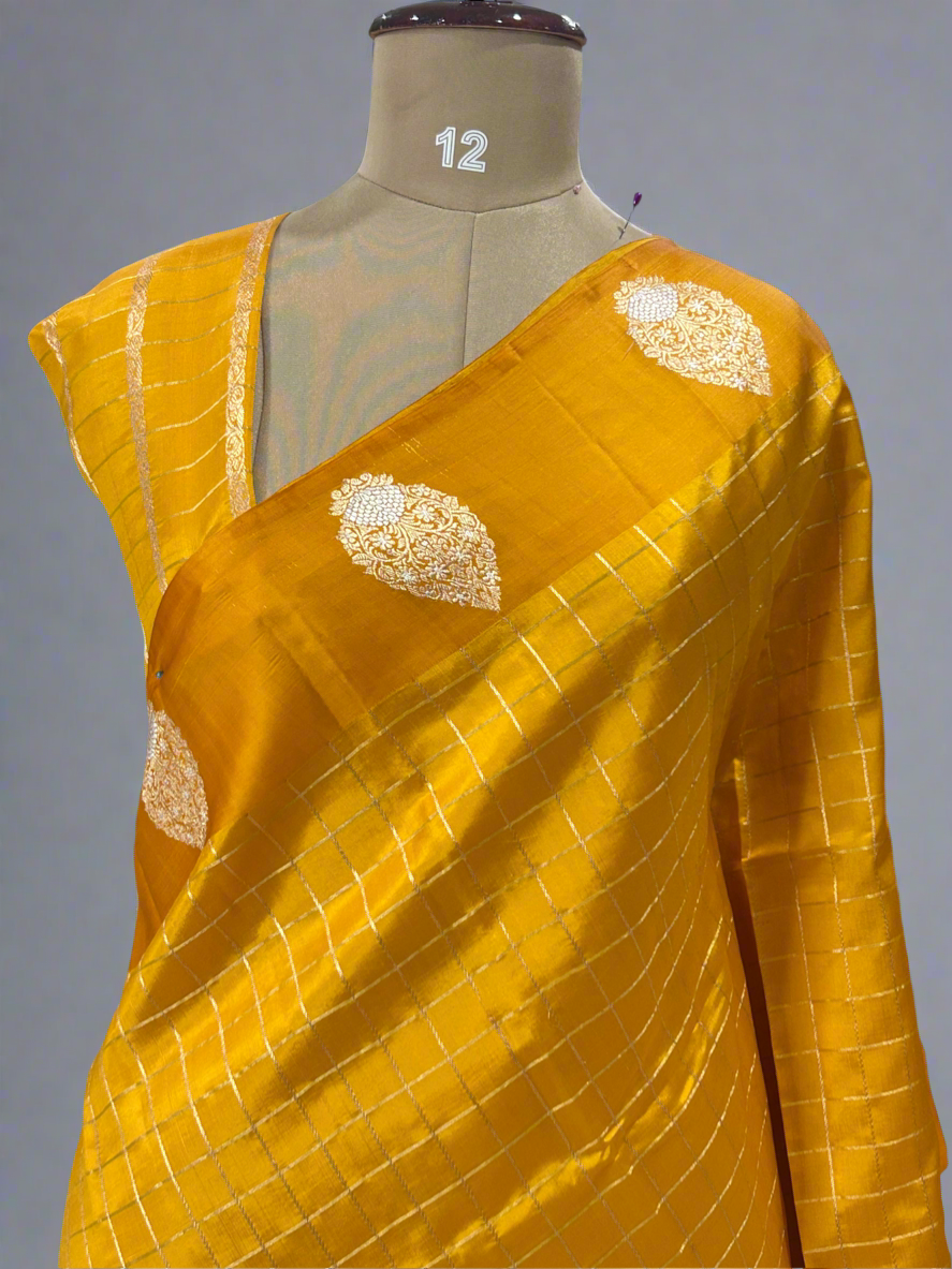Yellow checks 08 Pure Benaras light weight silk saree