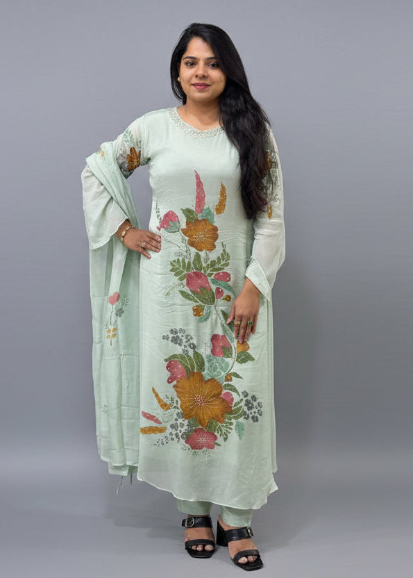 Green Airline Chinnon Hand Embroidery Kurtha 765