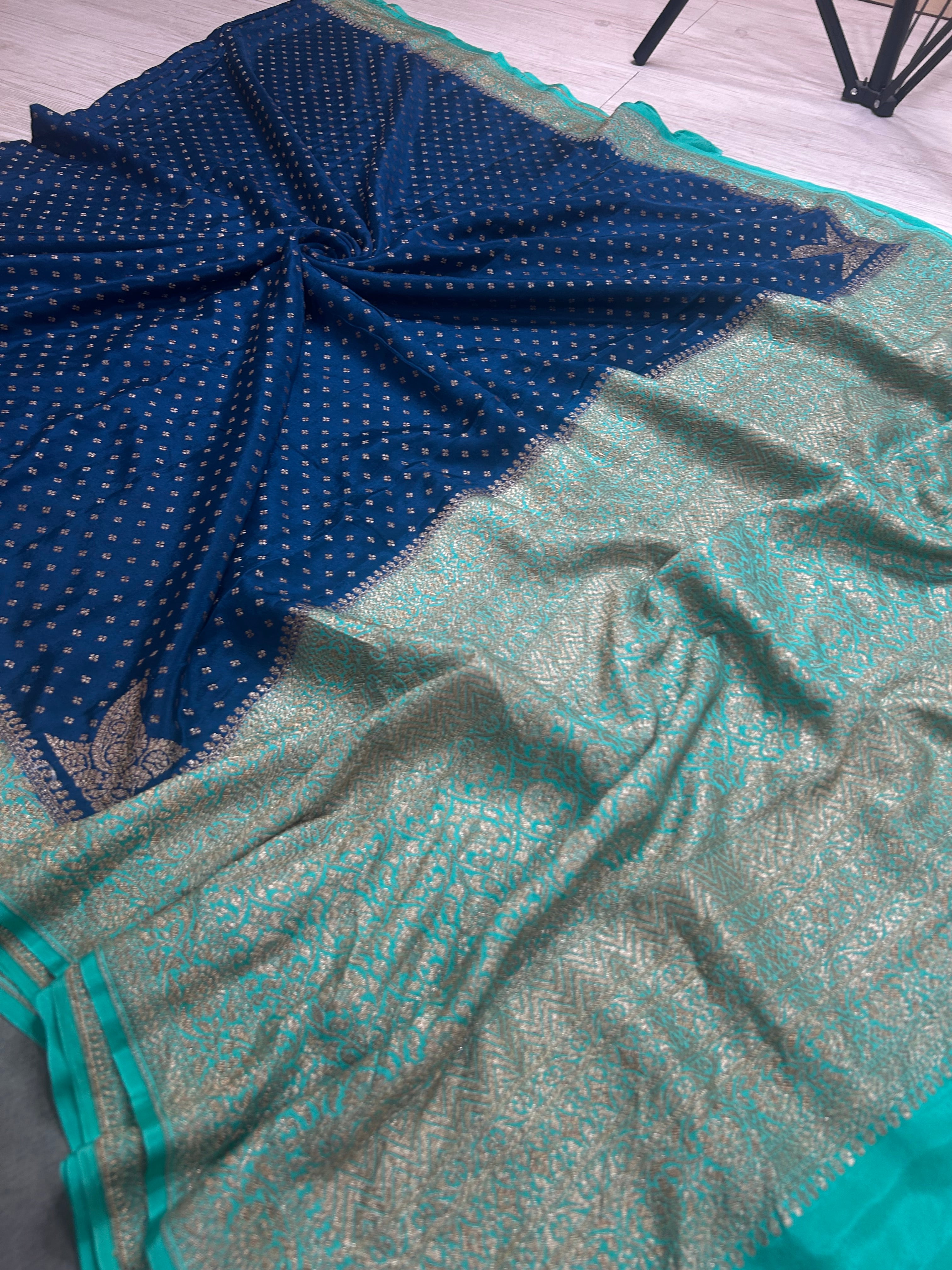 Peacock blue n aqua green small Butta pure Benarasi crepe 104 saree