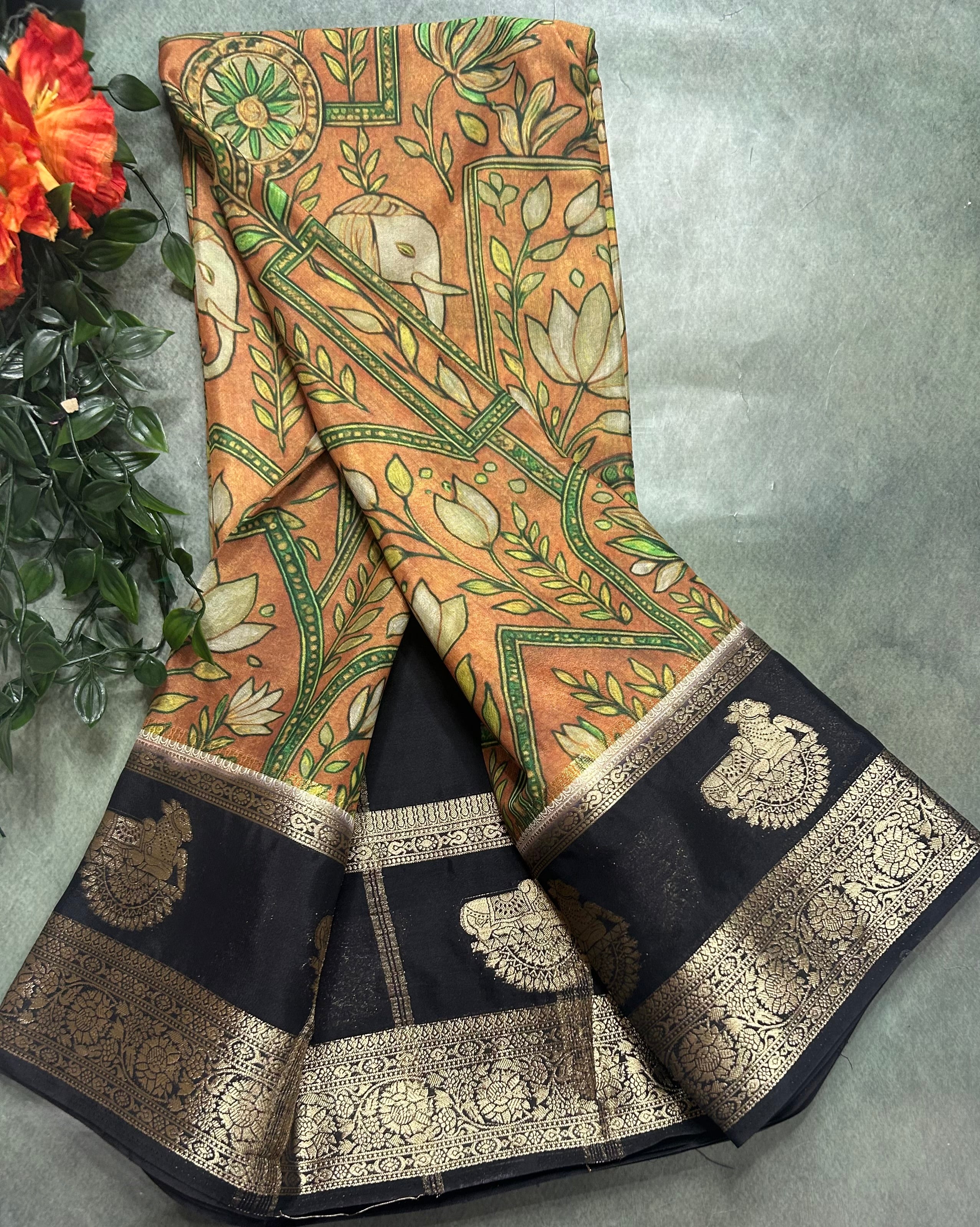 Multicolour bentex border printed semi Mysore 105 saree