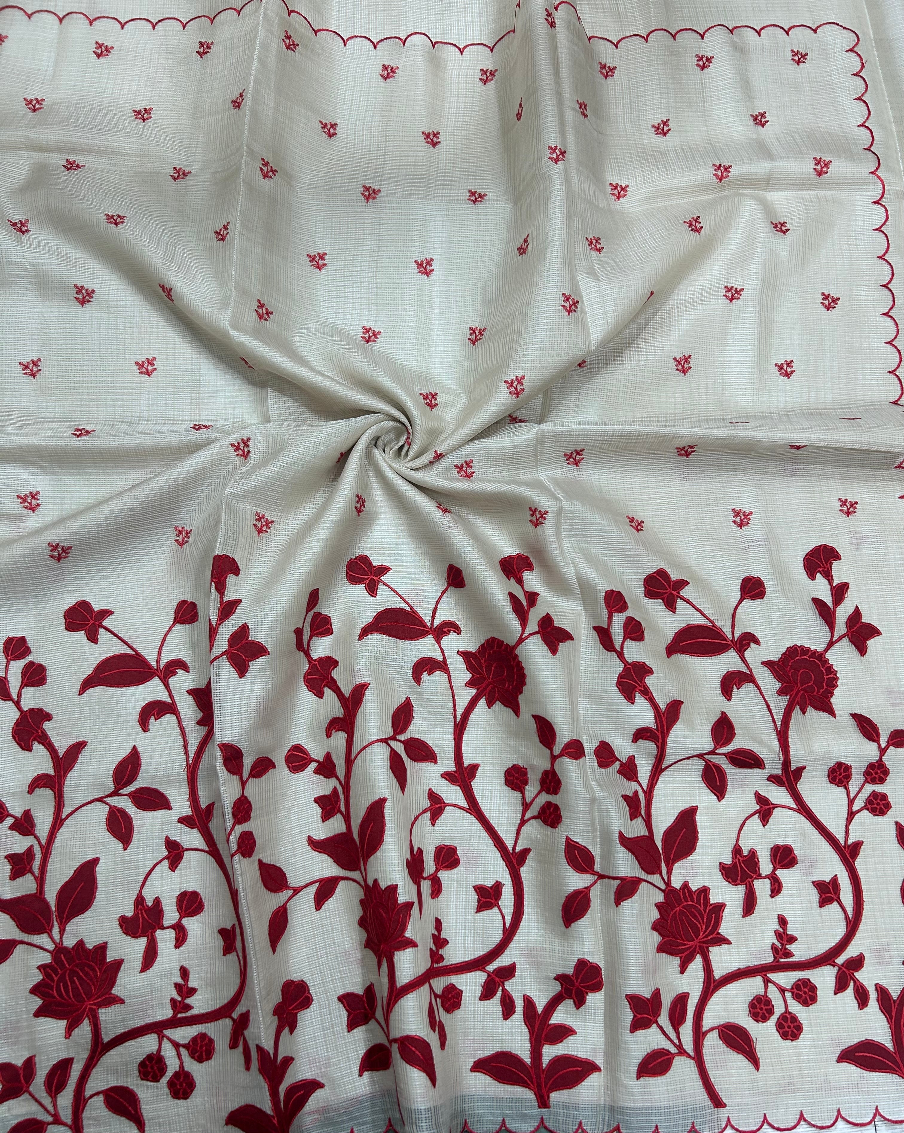 Cream scallop border red embroidery work Kota check 106 Saree