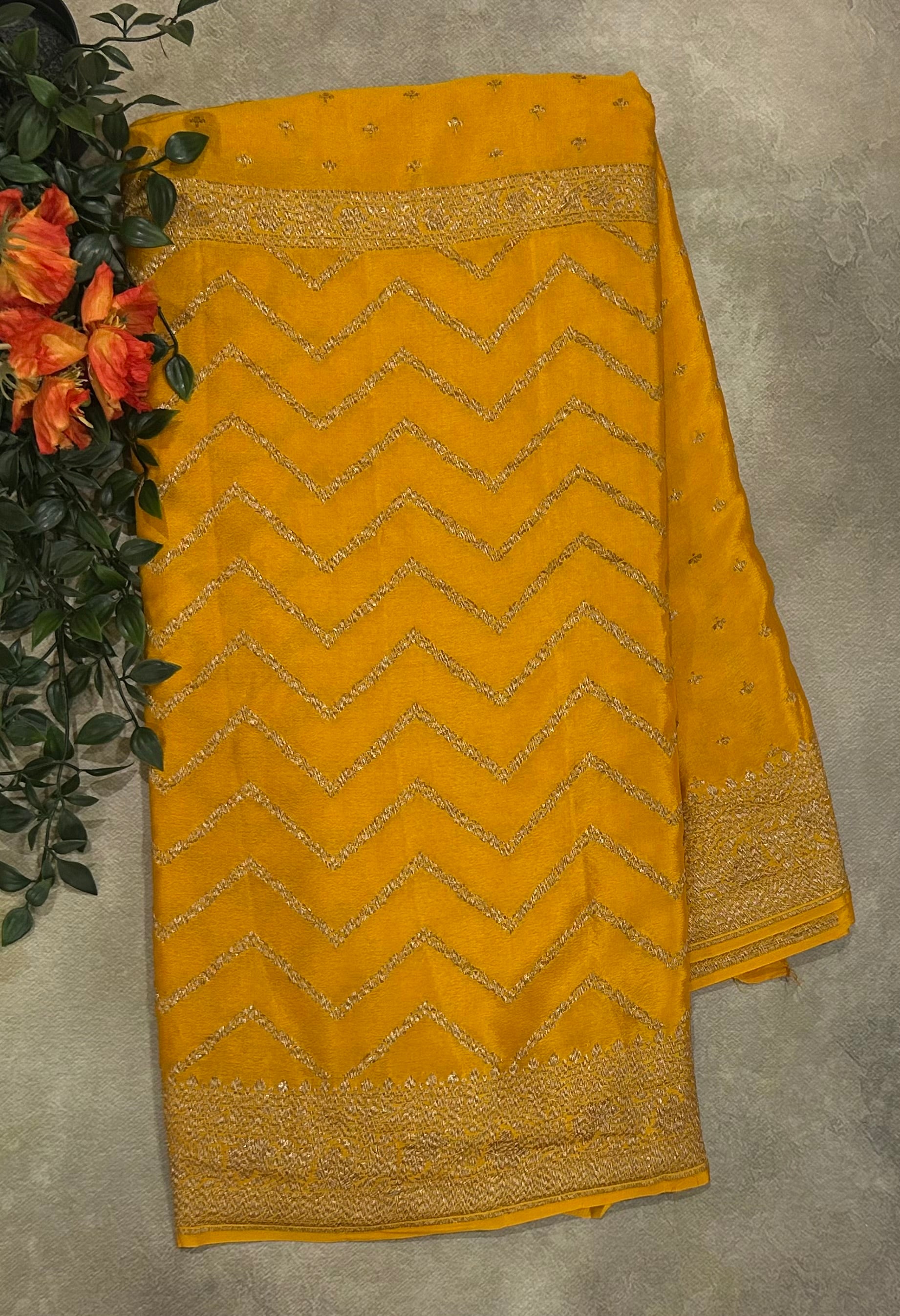 Bright yellow half n half pure benarasi crepe 104 saree