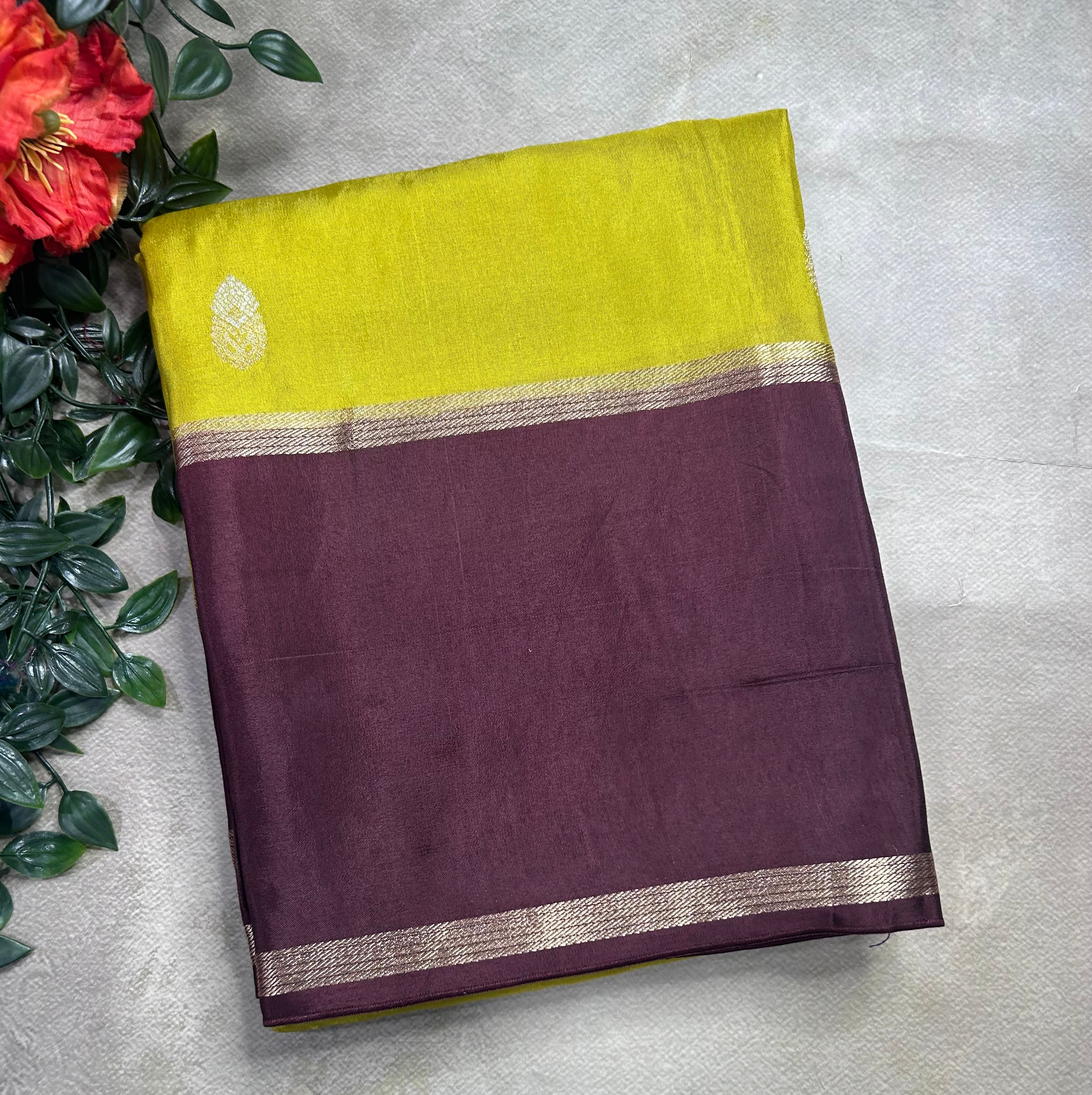 Olive yellow bentex border semi Mysore crepe 106 saree