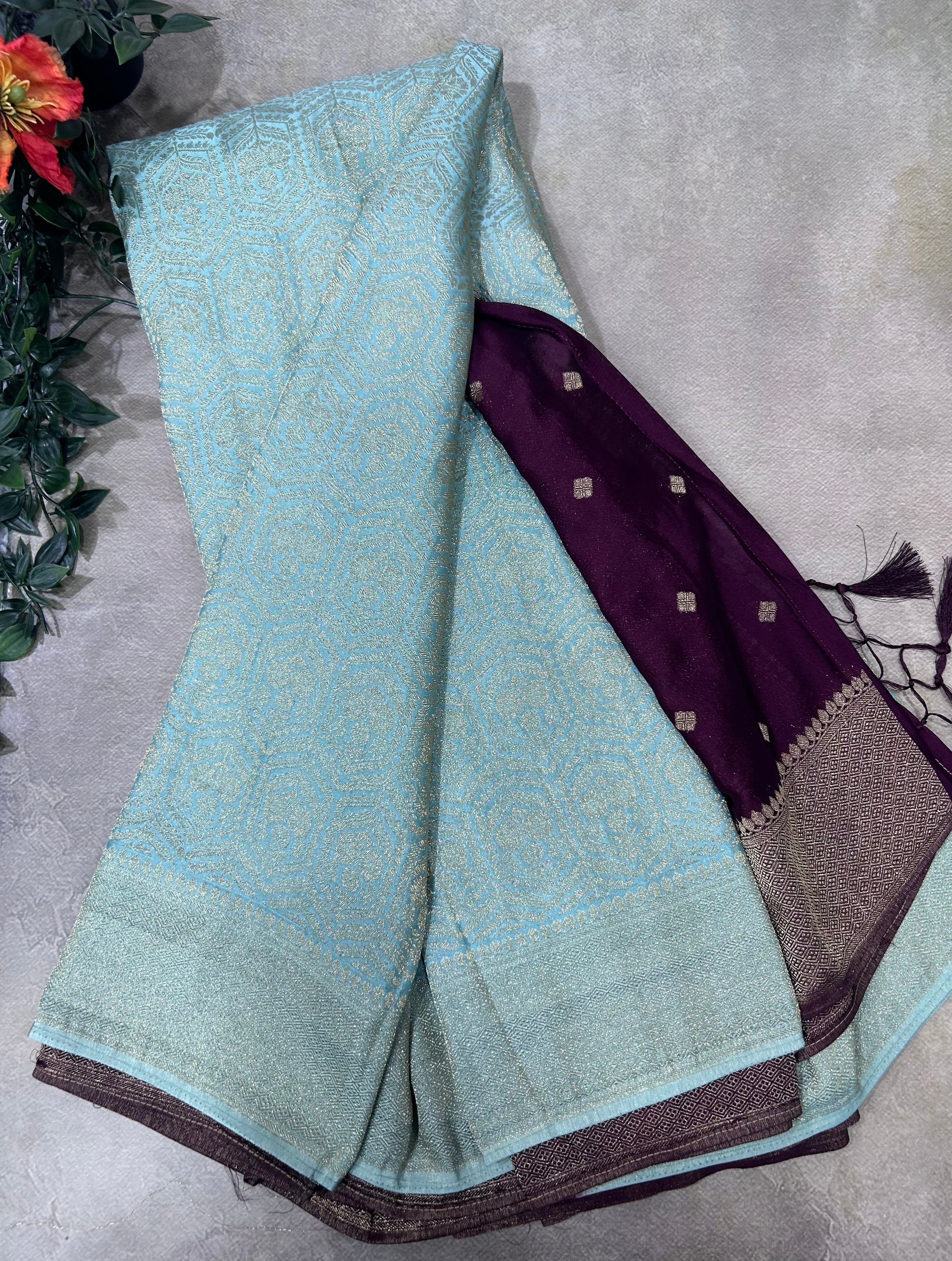 Sea blue brocade semi georgette 105 saree