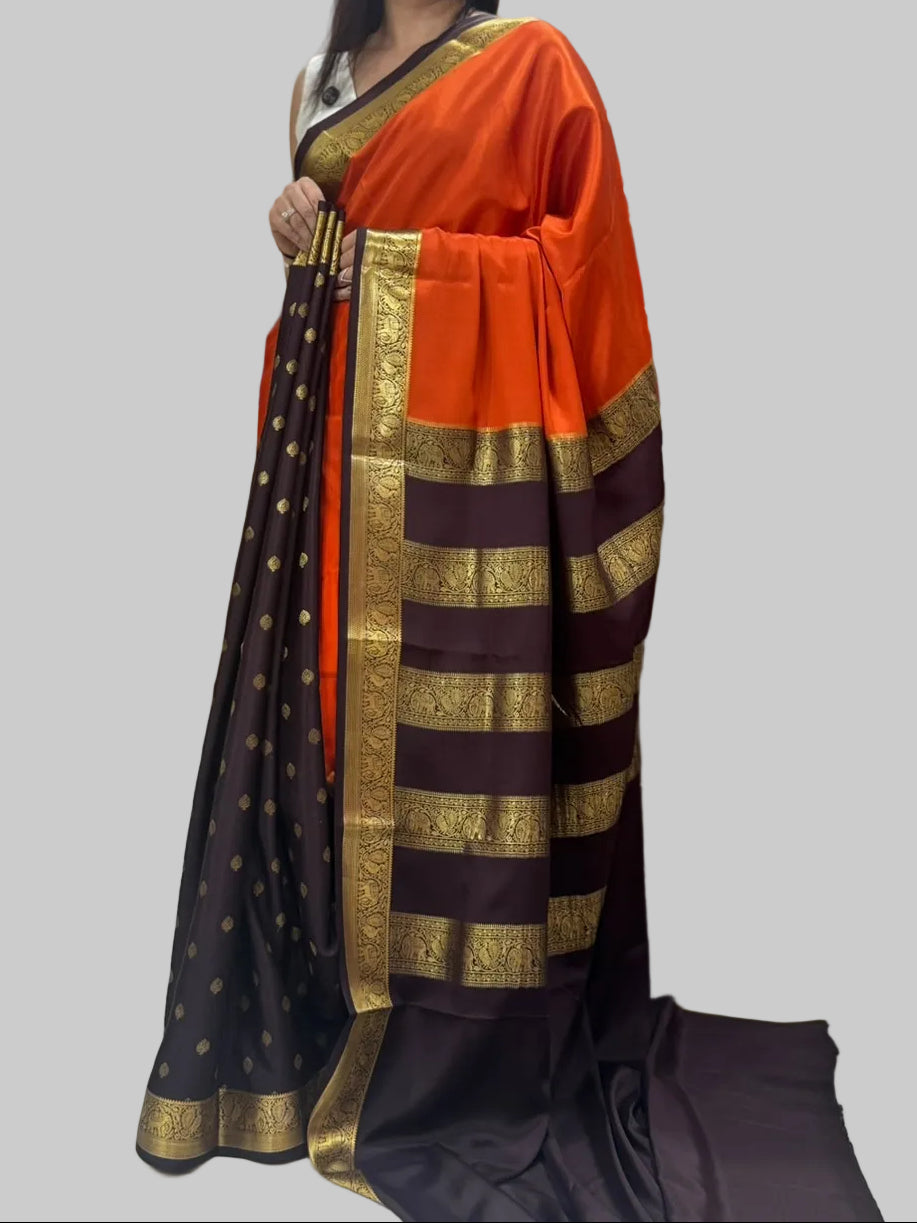 Orange n brown partly pallu pure Mysore silk saree PP106