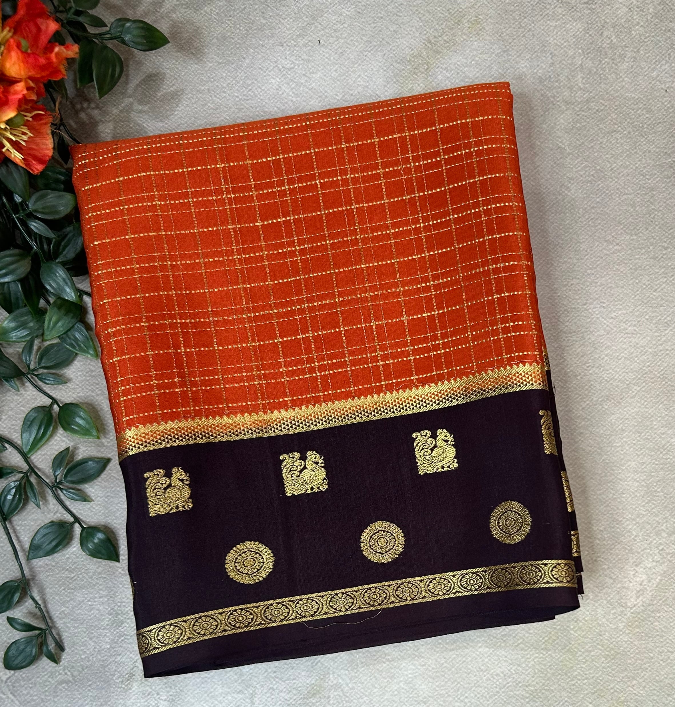 Rust orange checks n bentex pure Mysore silk 104 saree