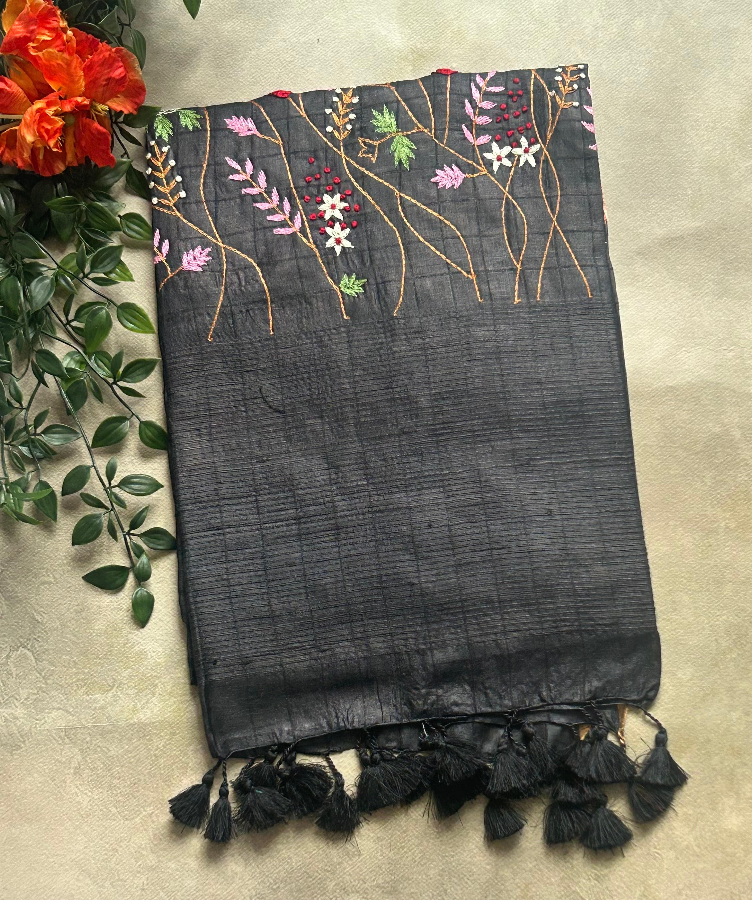 Black checks pure Tussar embroidery work saree