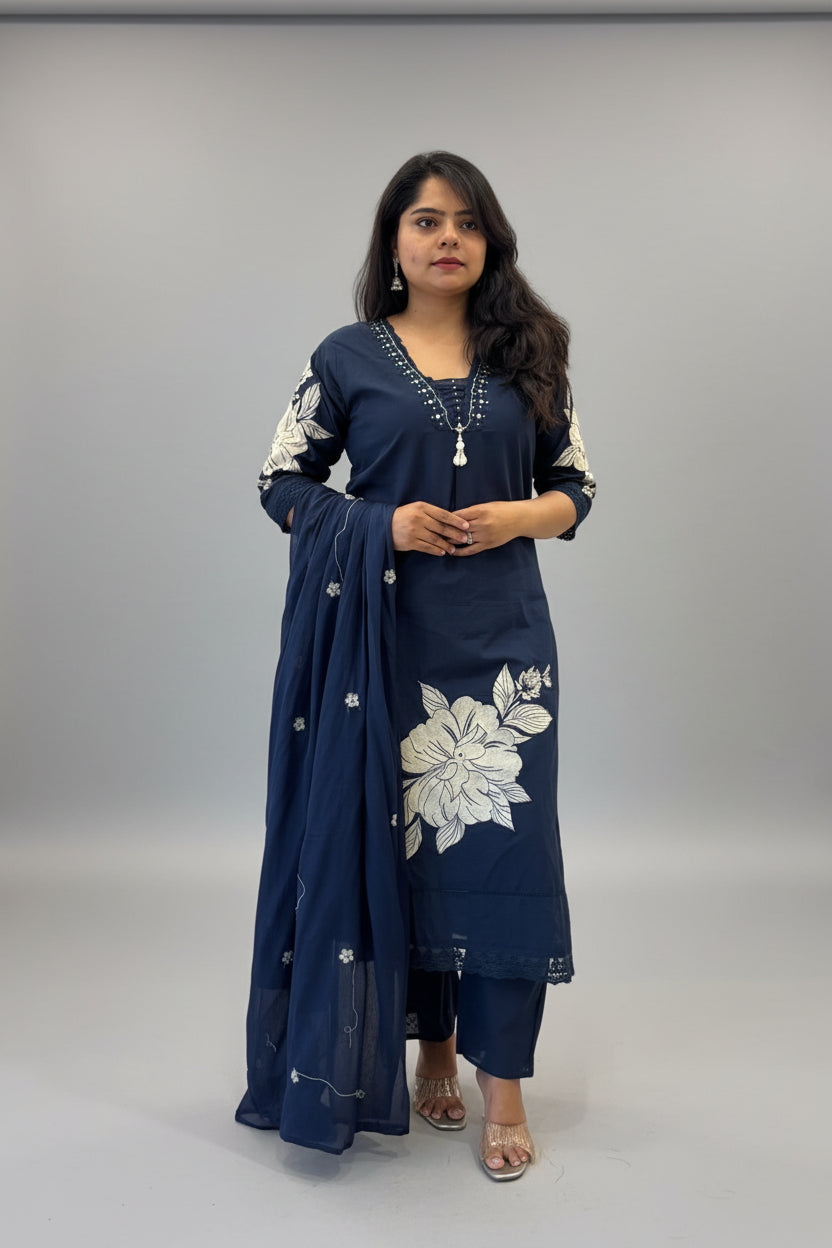 Navy Blue Cotton Hand Embroidery Straight Fit Kurtha 597