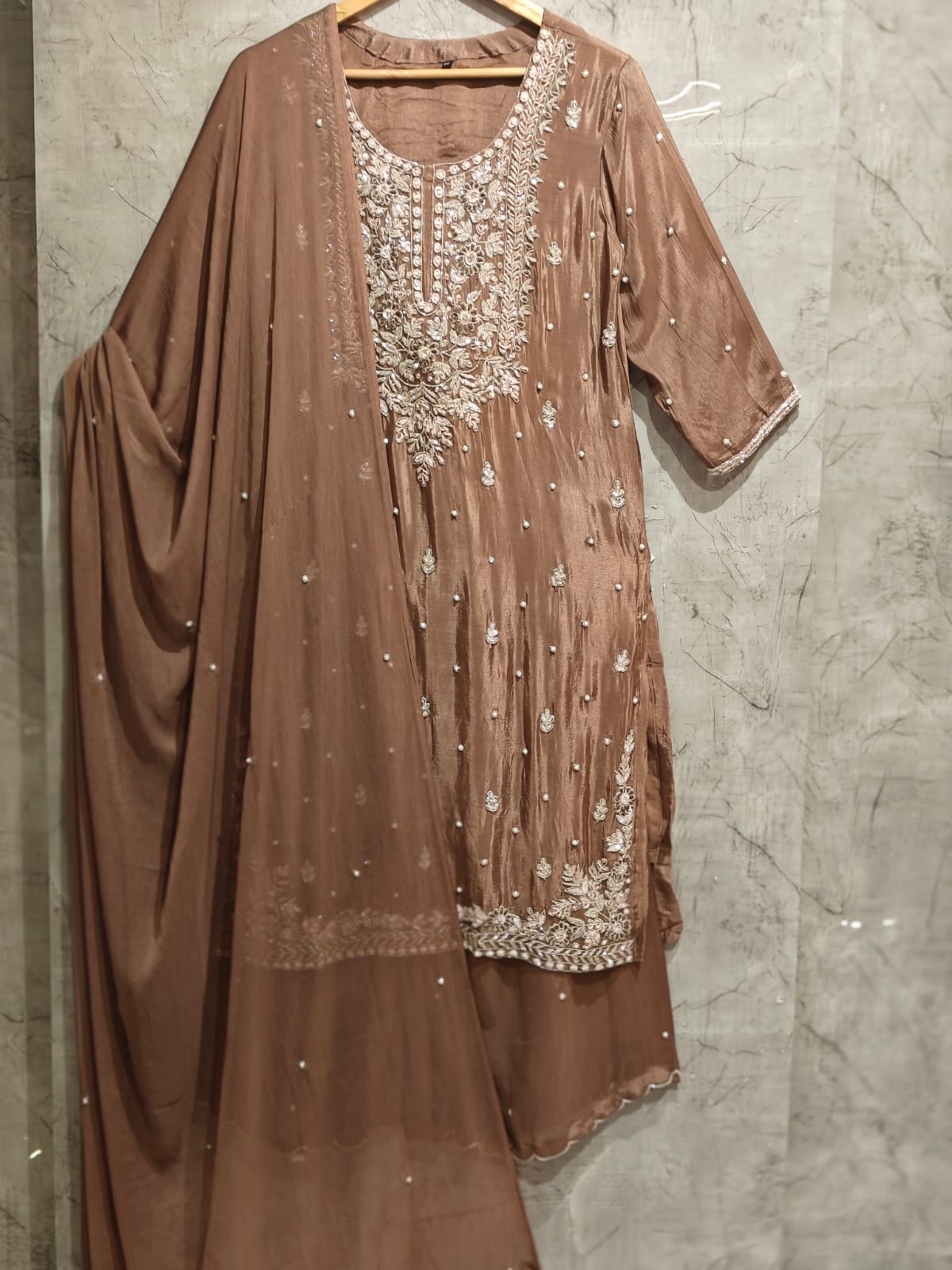 Brown Chinnon Hand Embroidery Sharara Kurtha